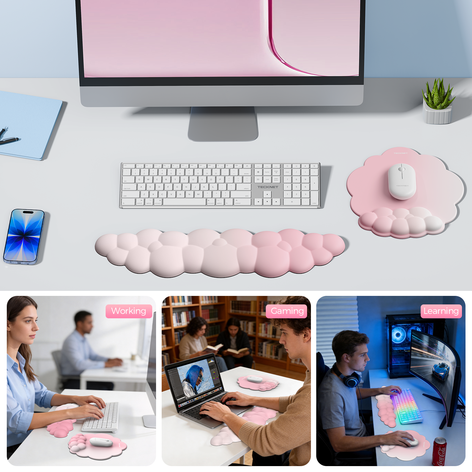 TECKNET BASICS Cloud Ergonomic Mouse Pad with Wrist Rest, Memory Foam Support & Non-Slip Base for Pain Relief, Office & Gaming, Pink