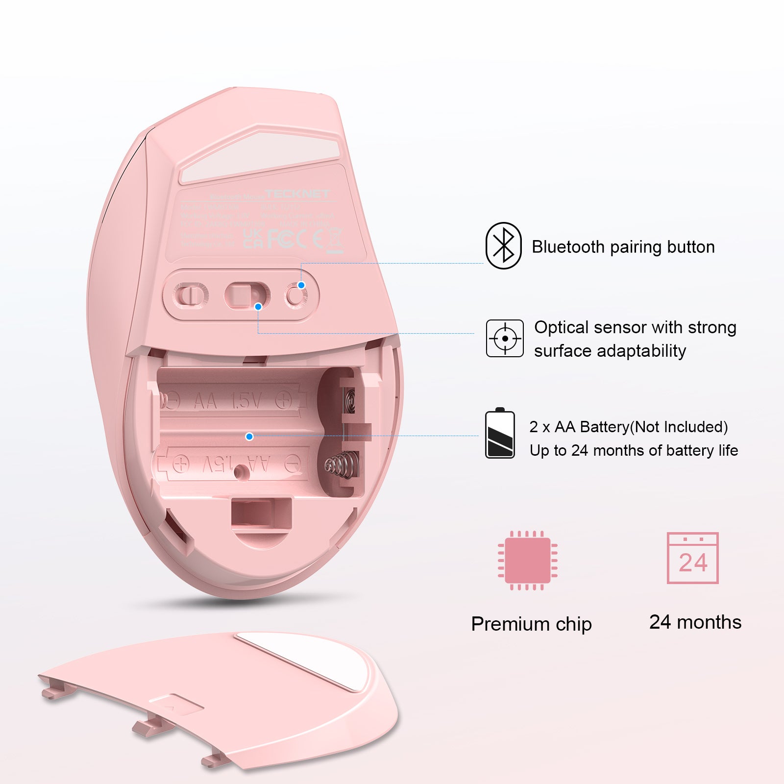 TECKNET Bluetooth Mouse, 4800 DPI Wireless Mouse, 2-Year Battery 6 Adjustable DPI, 6 Buttons Compatible with Laptop/Windows/Computer - Pink