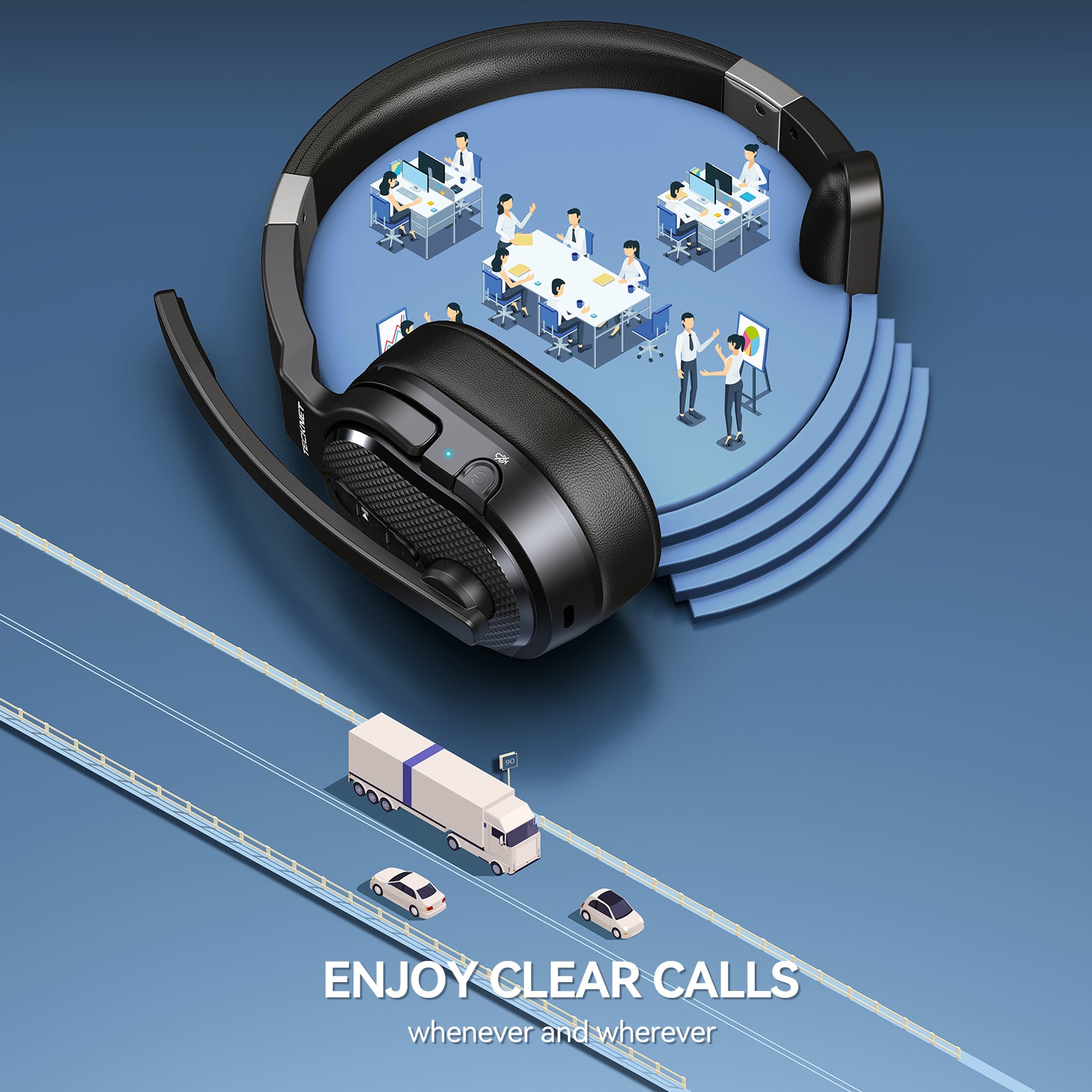 TECKNET Trucker Bluetooth Headset: V5.2 & USB Dongle, 70H Wireless with Mic/Mute, ENC Noise Canceling, for Truck Drivers, Cell Phone, PC, Office