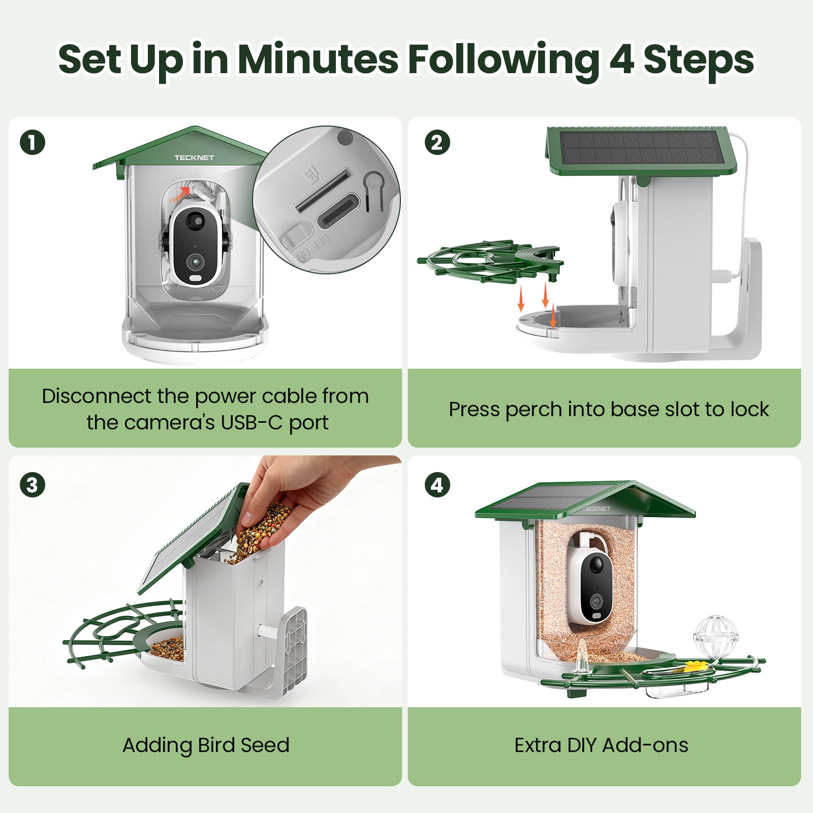 TECKNET BASICS Smart Bird Feeder with Camera, 2K UHD Video, AI Bird Species Identifier, Solar Powered Waterproof Birdhouse, Instant Bird Alerts, Gift for Bird Lovers, Green