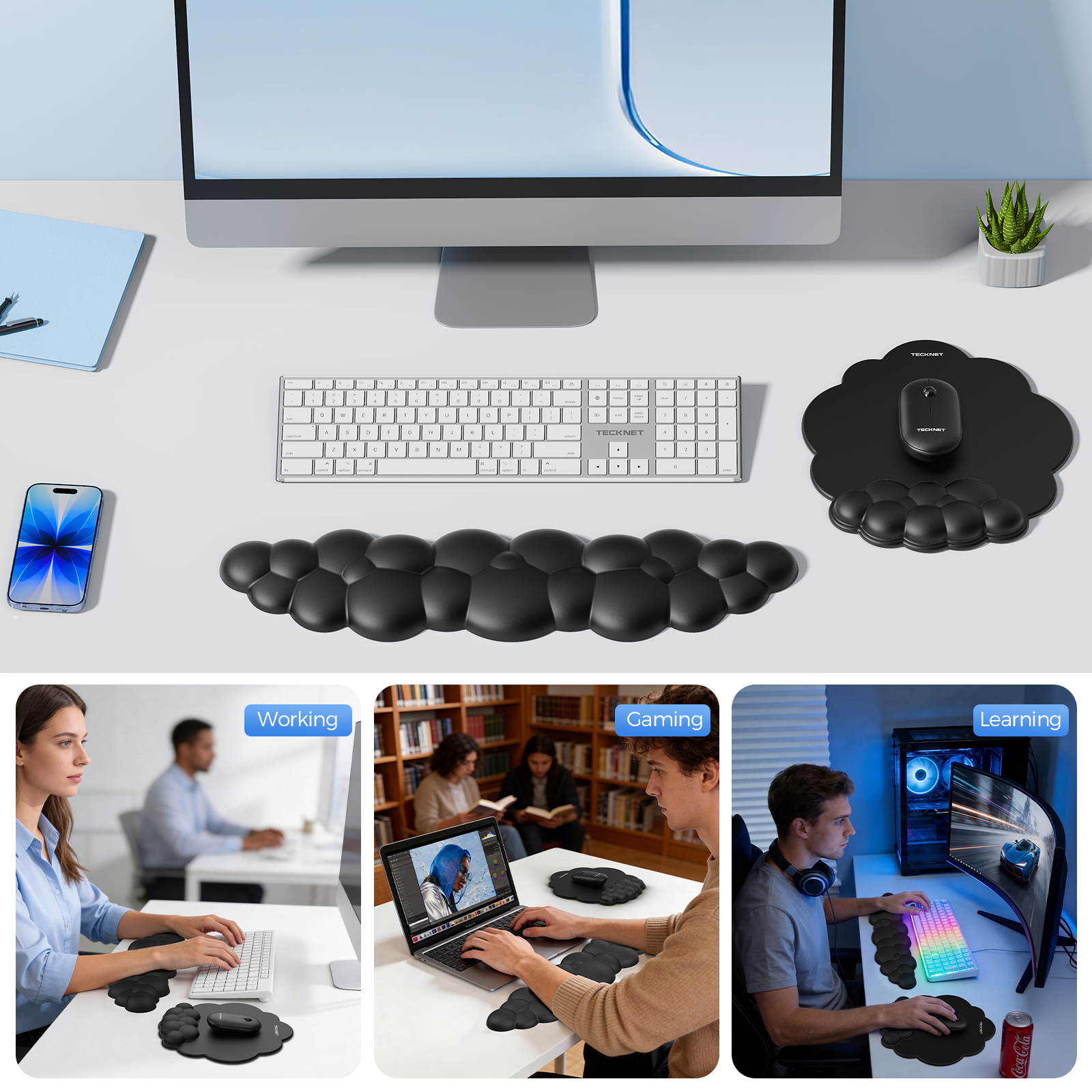 TECKNET BASICS Cloud Ergonomic Mouse Pad with Wrist Rest, Memory Foam Support & Non-Slip Base for Pain Relief, Office & Gaming， Black