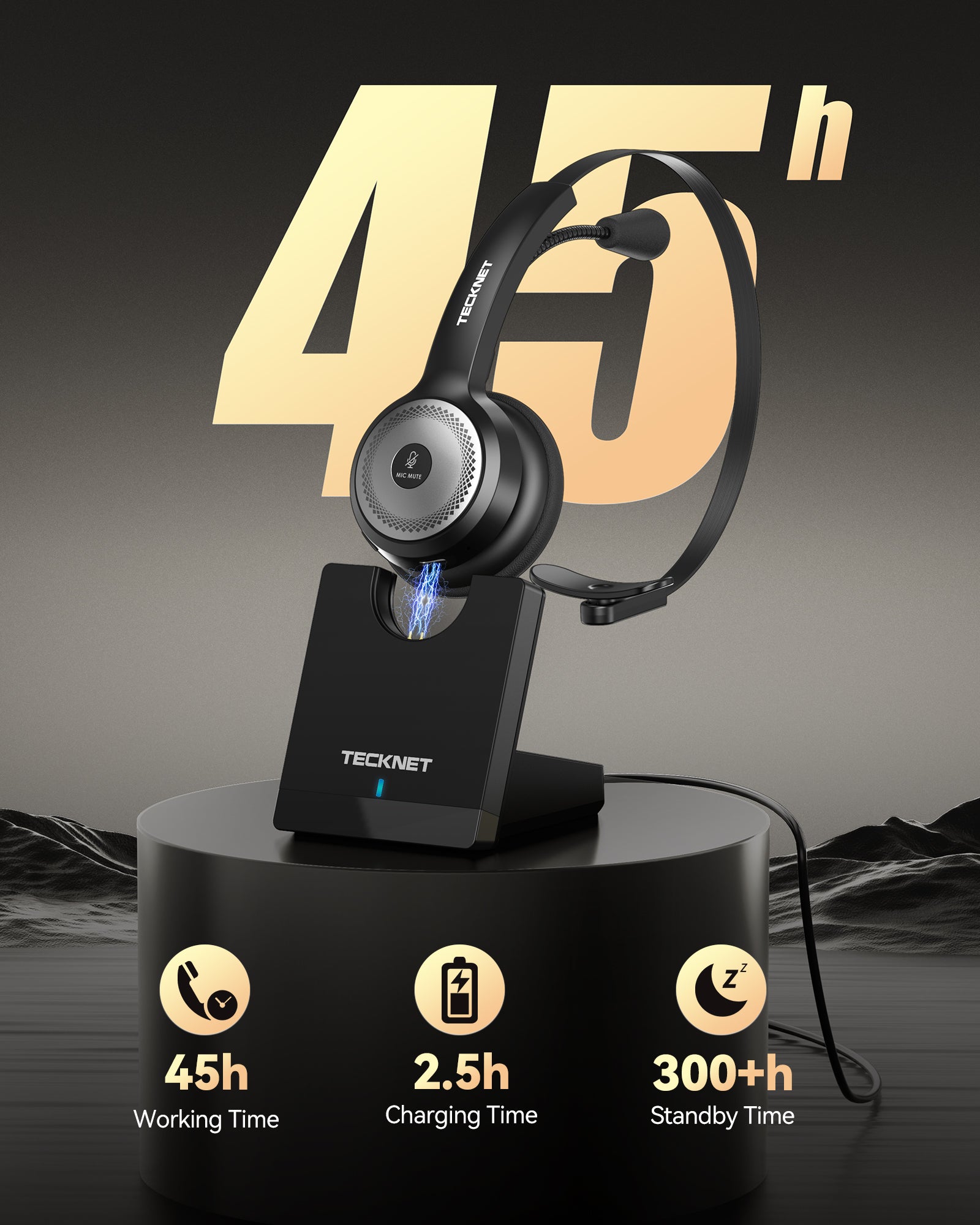 TECKNET Wireless Headset for Work, 40Hrs Worktime AI Noise Cancelling Computer Headphones with Charging Base, Bluetooth Headset with Mic & USB Dongle for PC/Laptop/Call Center