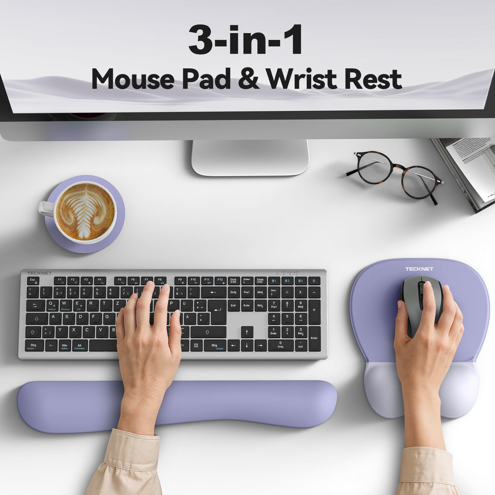 TECKNET BASICS Gel Mouse Pad with Wrist Rest, 3 in 1 Keyboard Wrist Rest for Pain Relief, Non-Slip PU Base, Ergonomic Set for Office & Home，Purple
