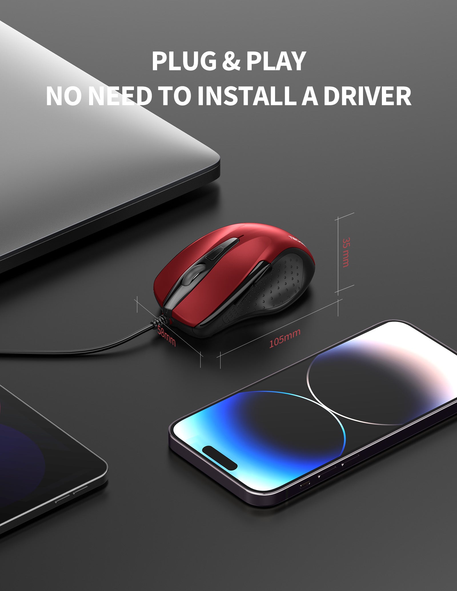 TECKNET Wired Mouse, 6-Button Corded with 4 Adjustable DPI, Optical Ergonomic Design, 11FT Cord for Laptop, Chromebook, PC, Desktop, Mac, Notebook - Red