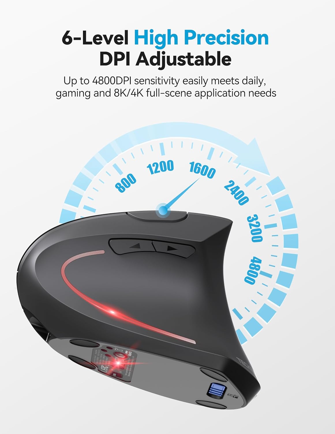 TECKNET Ergonomic Mouse with Jiggler, Bluetooth Wireless Vertical Mouse, 4800DPI Rechargeable Carpal Tunnel Mouse, Undetectable Random Movement Keeps Computers Awake for PC, Laptop, Mackbook