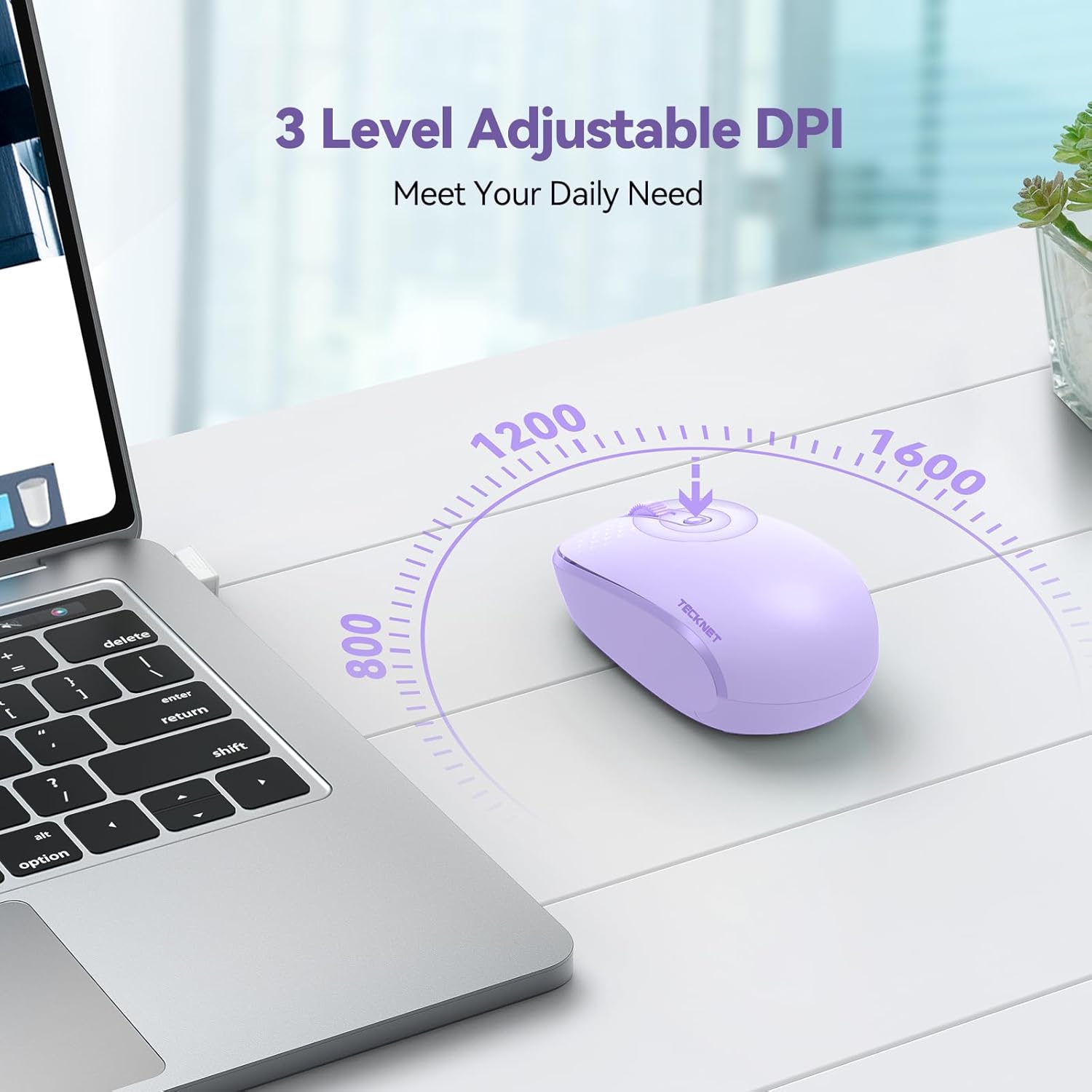 TECKNET Wireless Mouse, 2.4G Quiet Computer Mouse with USB Receiver, 4 Buttons Portable Cordless Mice for Chromebook, Laptop, PC, Mac, 800/1200/1600 DPI
