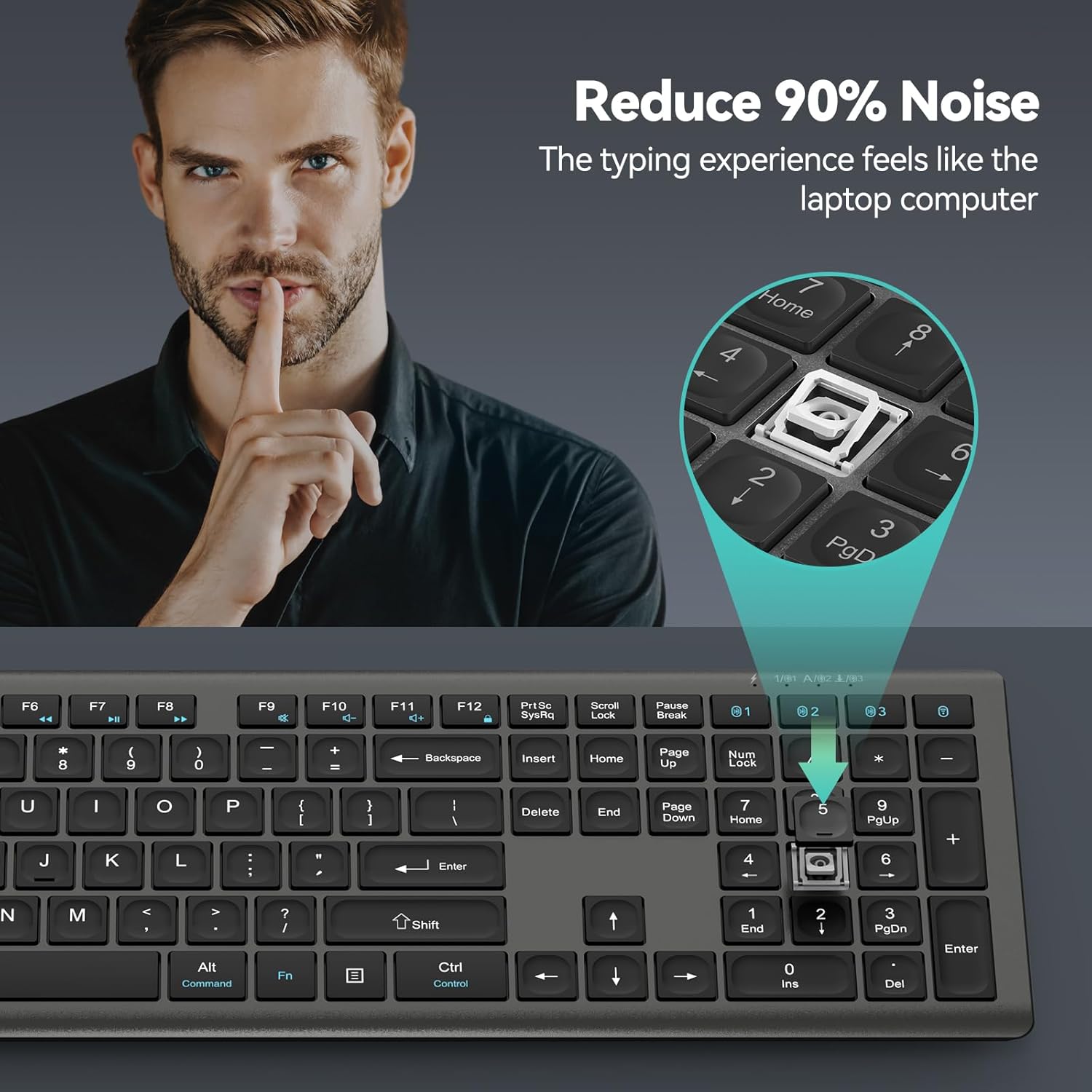 TECKNET Bluetooth Keyboard Rechargeable, 4-Device Free Switching (2.4G+BT), Ultra-Slim Full Size Wireless Keyboard, Quiet Typing, for PC/Laptop/Smart TV/Phone, Adjustable Stand, 12 Multimedia Keys