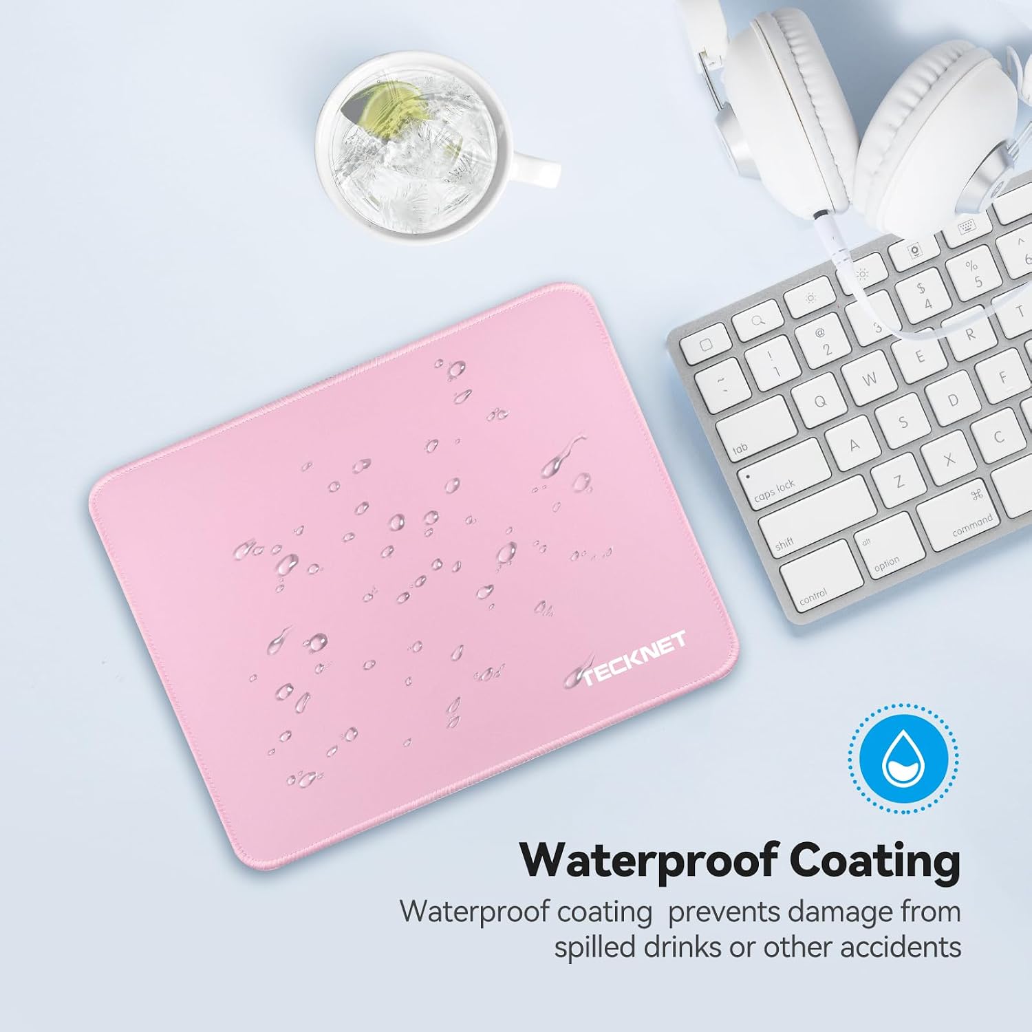 TECKNET BASICS Mouse Pad with Anti-fray Stitching, Waterproof Non-Slip Base, Stitched Edges Gaming Mouse Mat for Laptop, Compatible with Laser/Optical Mice- Pink