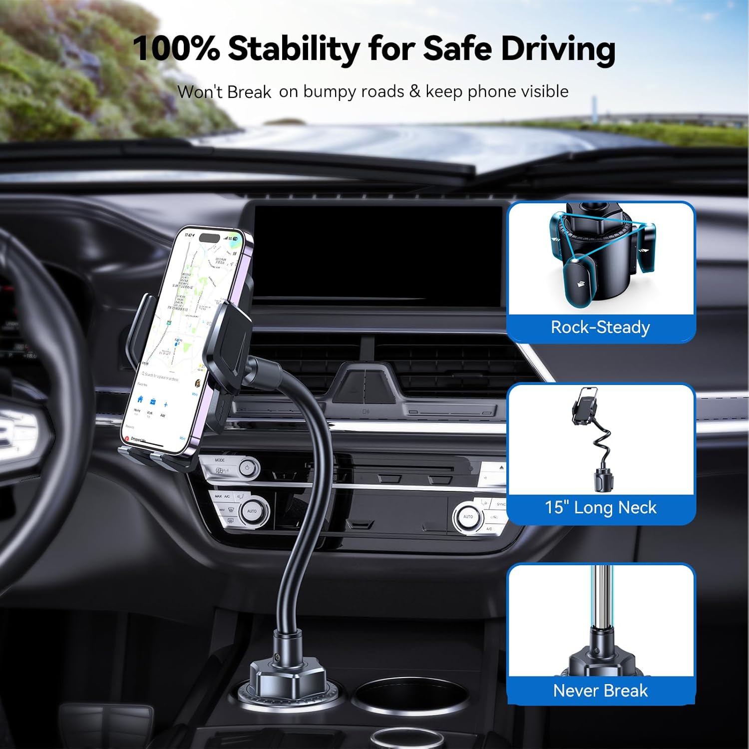 TECKNET Cup Phone Holder for Car, Adjustable Gooseneck with Air Vent & Expandable Base, Cupholder Mount for iPhone & All Cell Phones