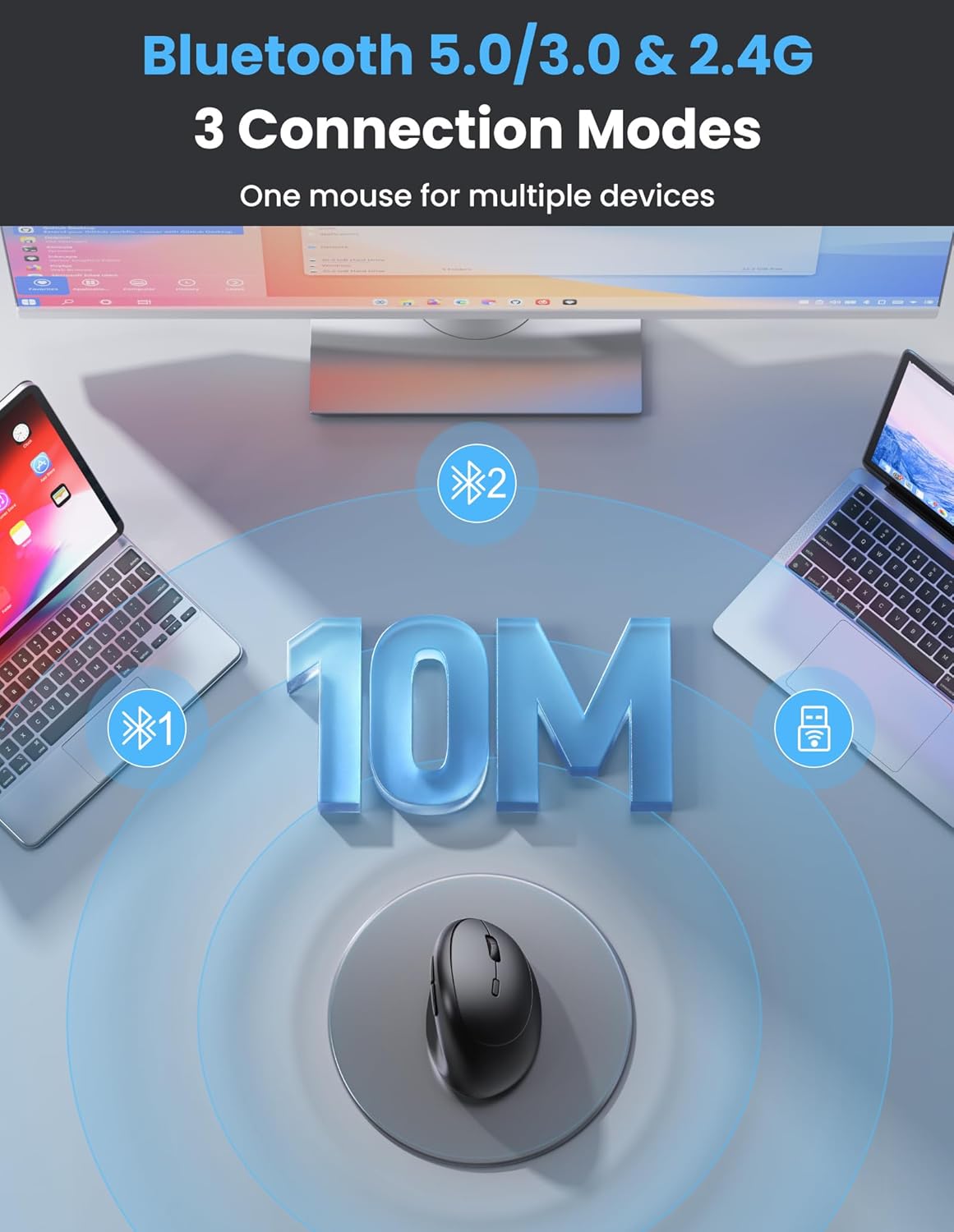 TECKNET Ergonomic Mouse, Bluetooth Wireless Vertical Mouse, Rechargeable Battery, Quiet Clicks, 4800 DPI Adjustable