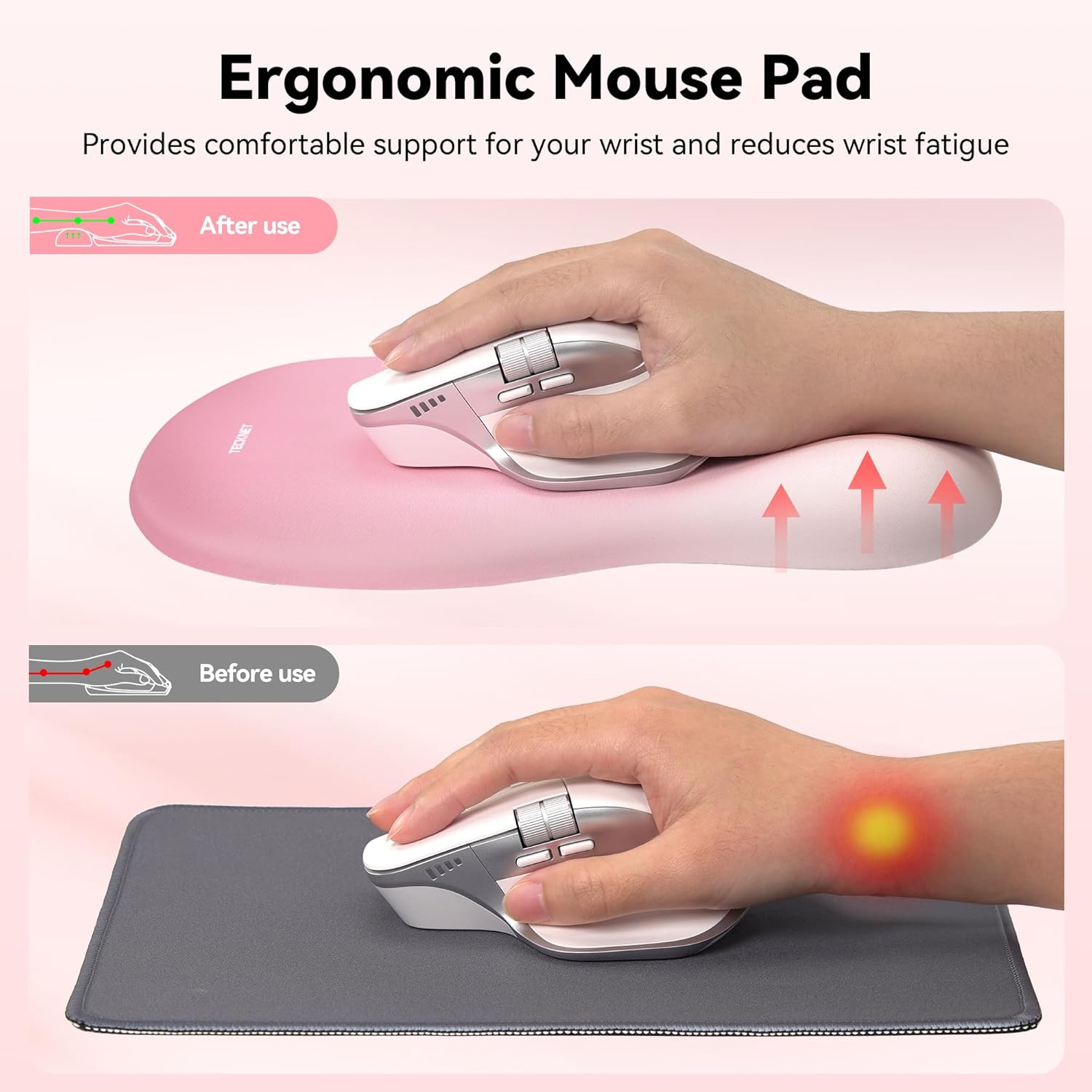 TECKNET BASICS Ergonomic Mouse Pad with Wrist Rest, Memory Foam Support, Smooth Non-Slip Base for Laptop/PC, Pain Relief for Home Office Gaming, Pink