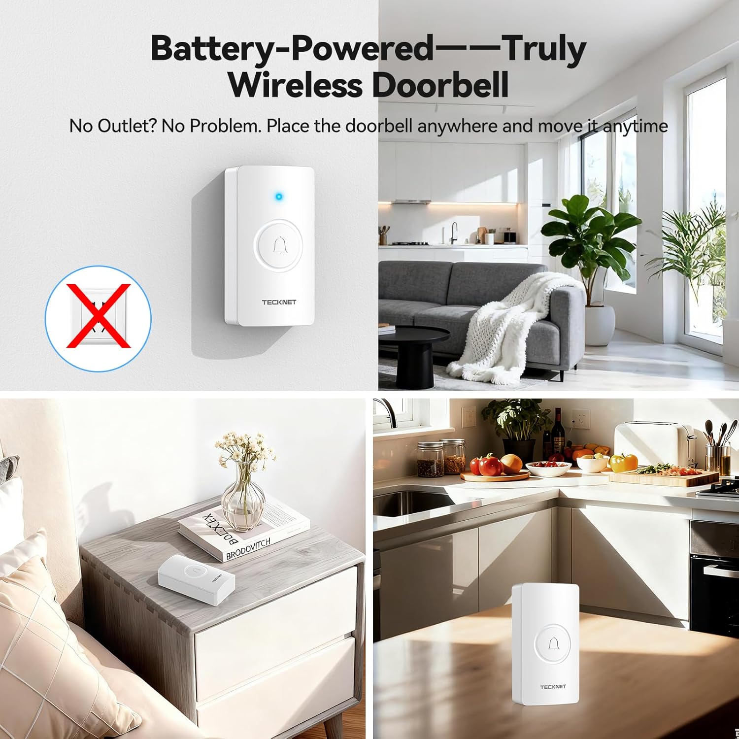 TECKNET Wireless Doorbell 1312FT, IP67 Waterproof Classroom Doorbell Battery-Powered Door Bell, 60 Chimes 5-Level Volume, 4.5-year Battery Life, Electric Doorbells No Plug-in Required for Home