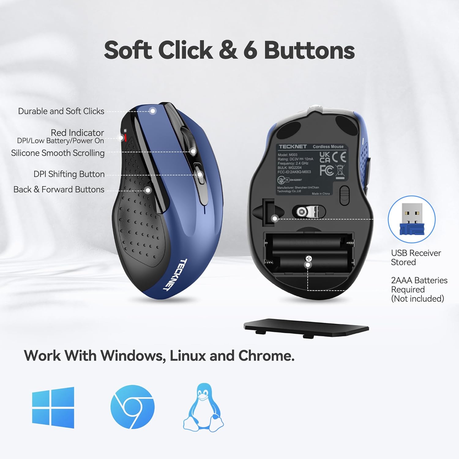 TECKNET BASICS Wireless Mouse,2.4GHz with USB Receiver,Computer Mouse for Laptop,PC,Computer,Chromebook,Notebook,2600 DPI,5 Adjustment Levels