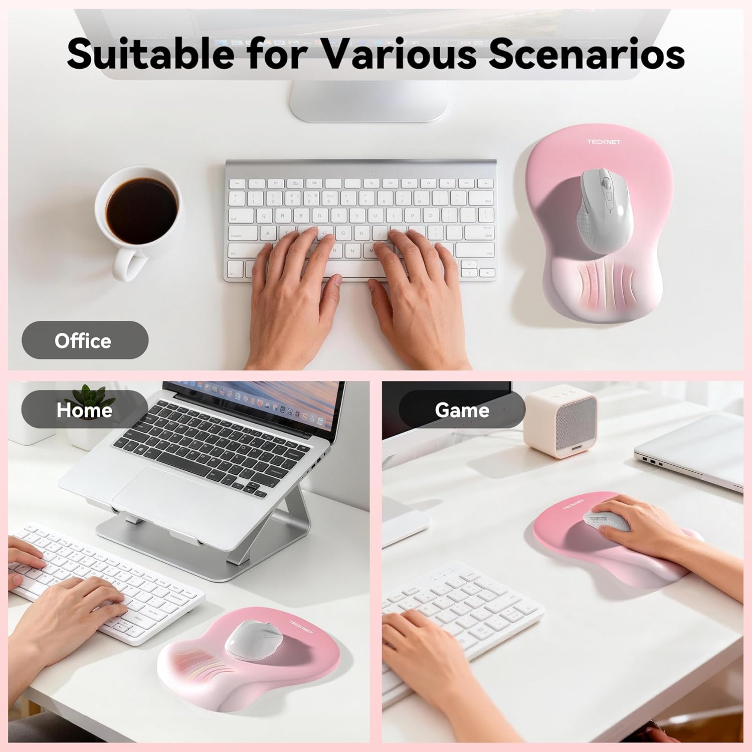 TECKNET BASICS Ergonomic Mouse Pad with Wrist Rest, Memory Foam Support, Smooth Non-Slip Base for Laptop/PC, Pain Relief for Home Office Gaming, Pink