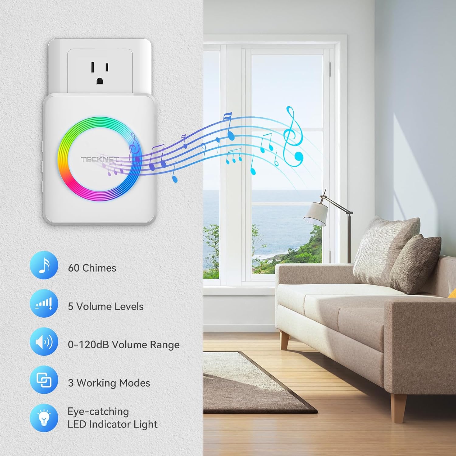 TECKNET Wireless Doorbells for Home, IP65 Waterproof 1,300Ft 120dB Door Bell Ringer Wireless for Classroom with 60 Chimes & 5 Volume Levels, LED Flash