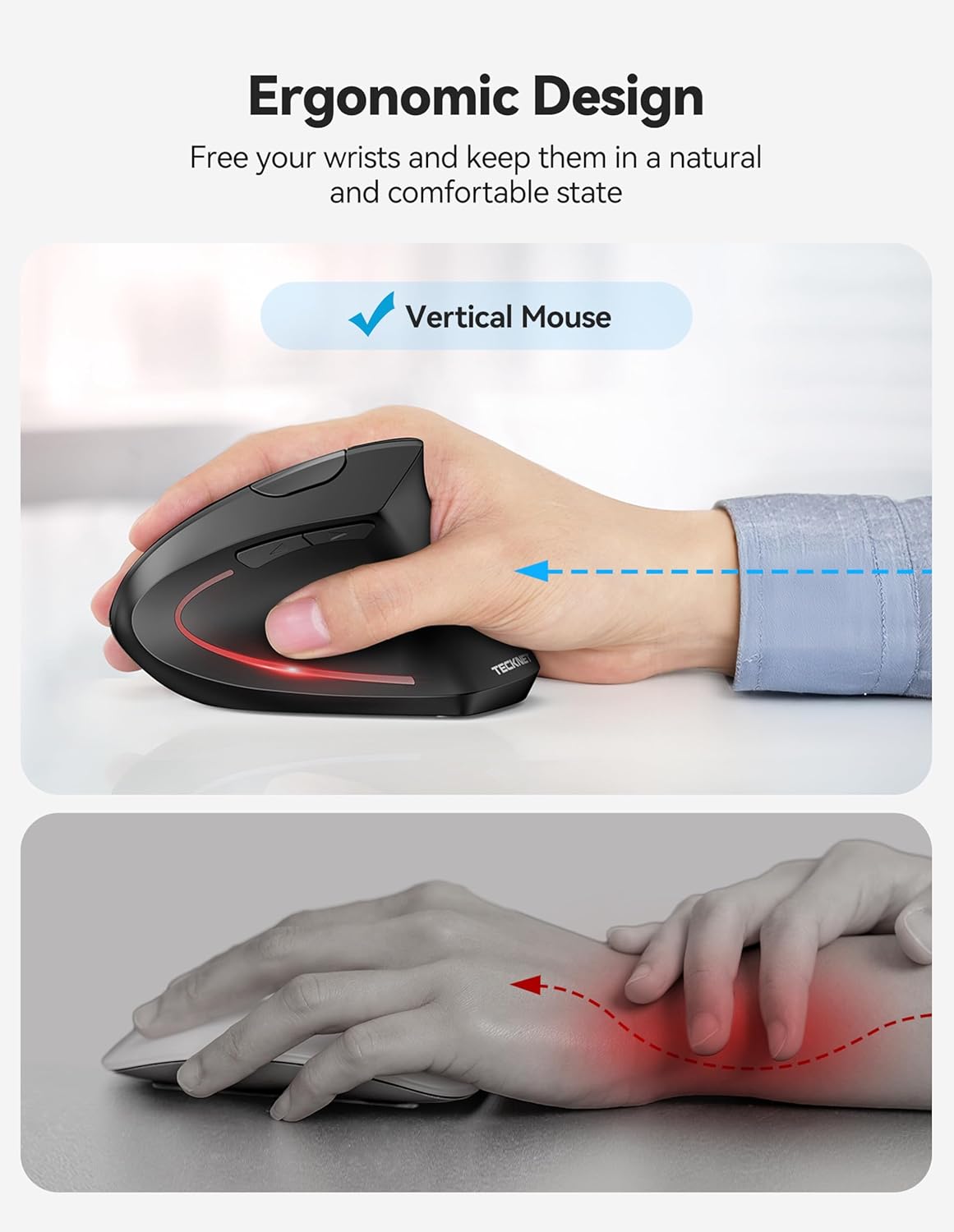 TECKNET Ergonomic Mouse, Rechargeable 2.4G+Bluetooth Vertical Mice 6 DPI Adjustable, Wireless Optical Carpal Tunnel Mouse Right Hand, Multi Device for Laptop, PC, Computer, MacBook, iPad - Black