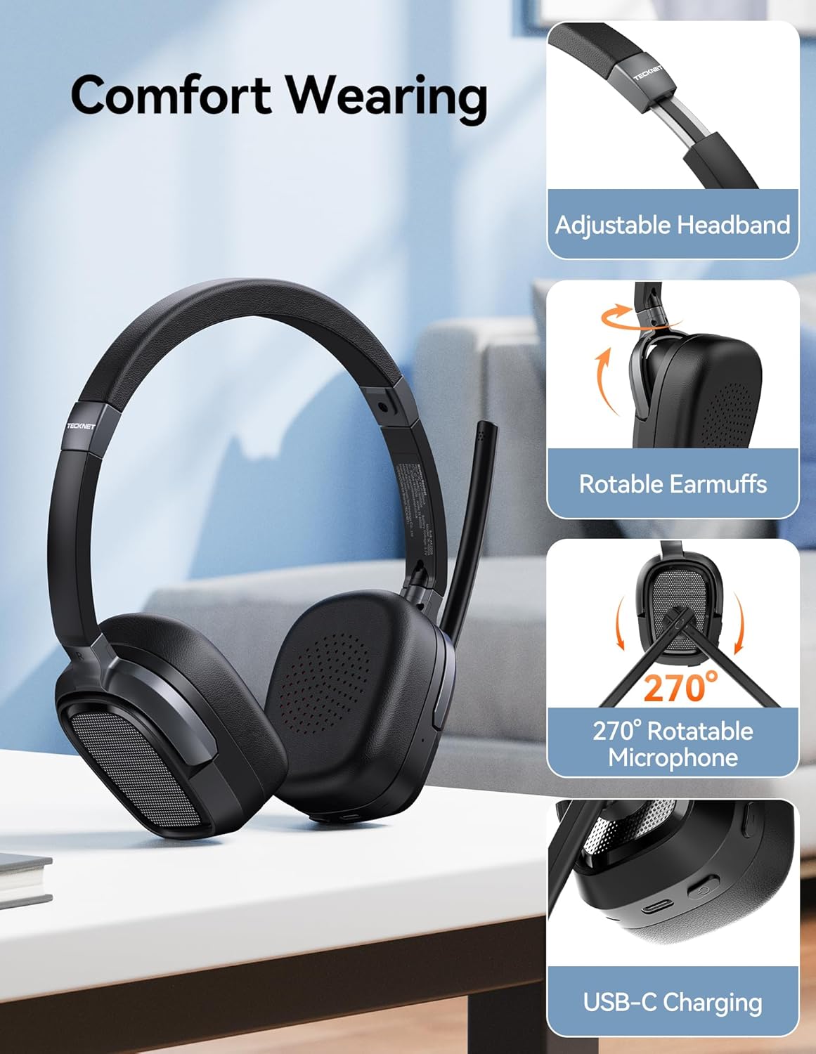 TECKNET Wireless Bluetooth Headset V6.0 with AI Noise-Cancelling Microphone