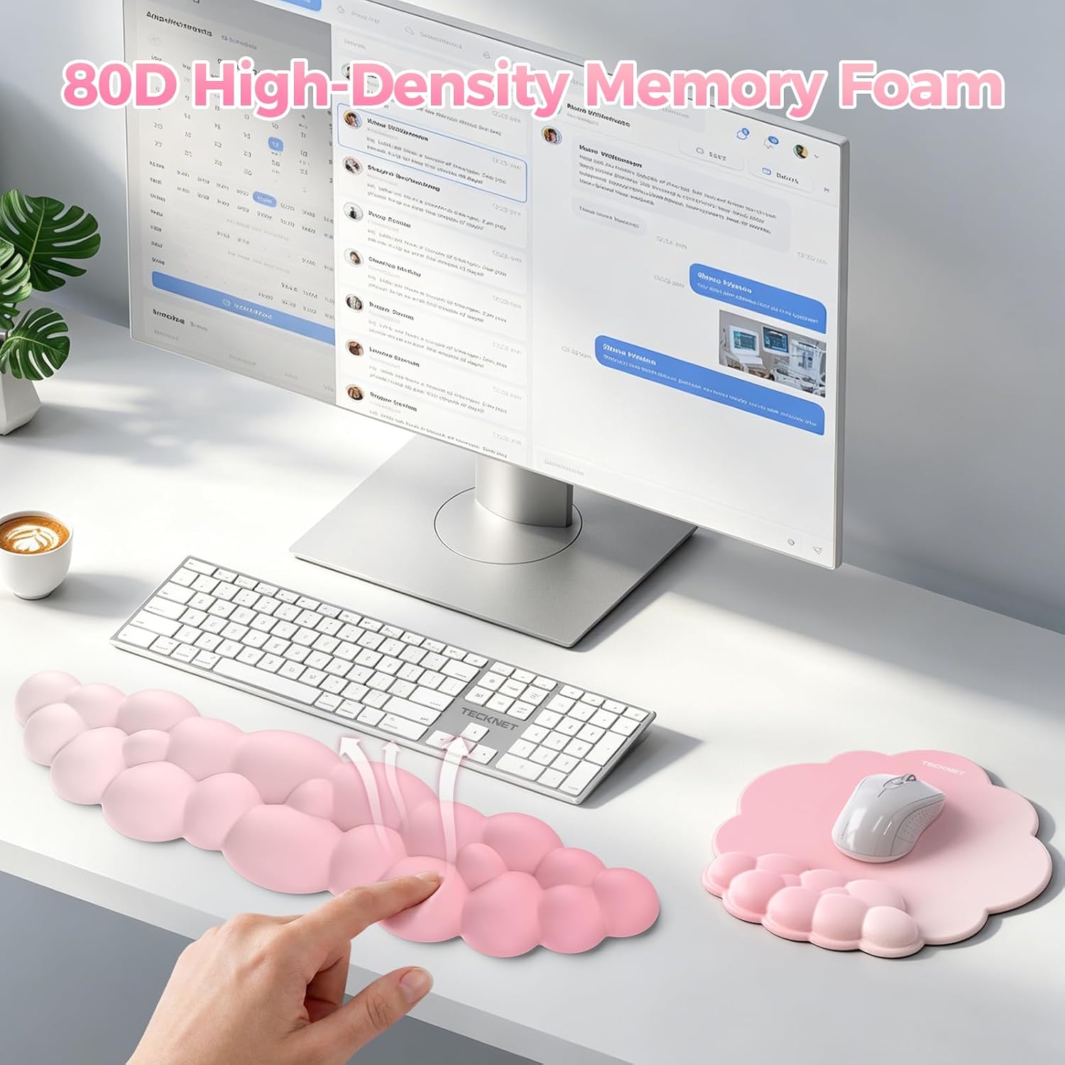 TECKNET Cloud Ergonomic Mouse Pad with Wrist Rest, Memory Foam Support & Non-Slip Base for Pain Relief, Office & Gaming, Pink