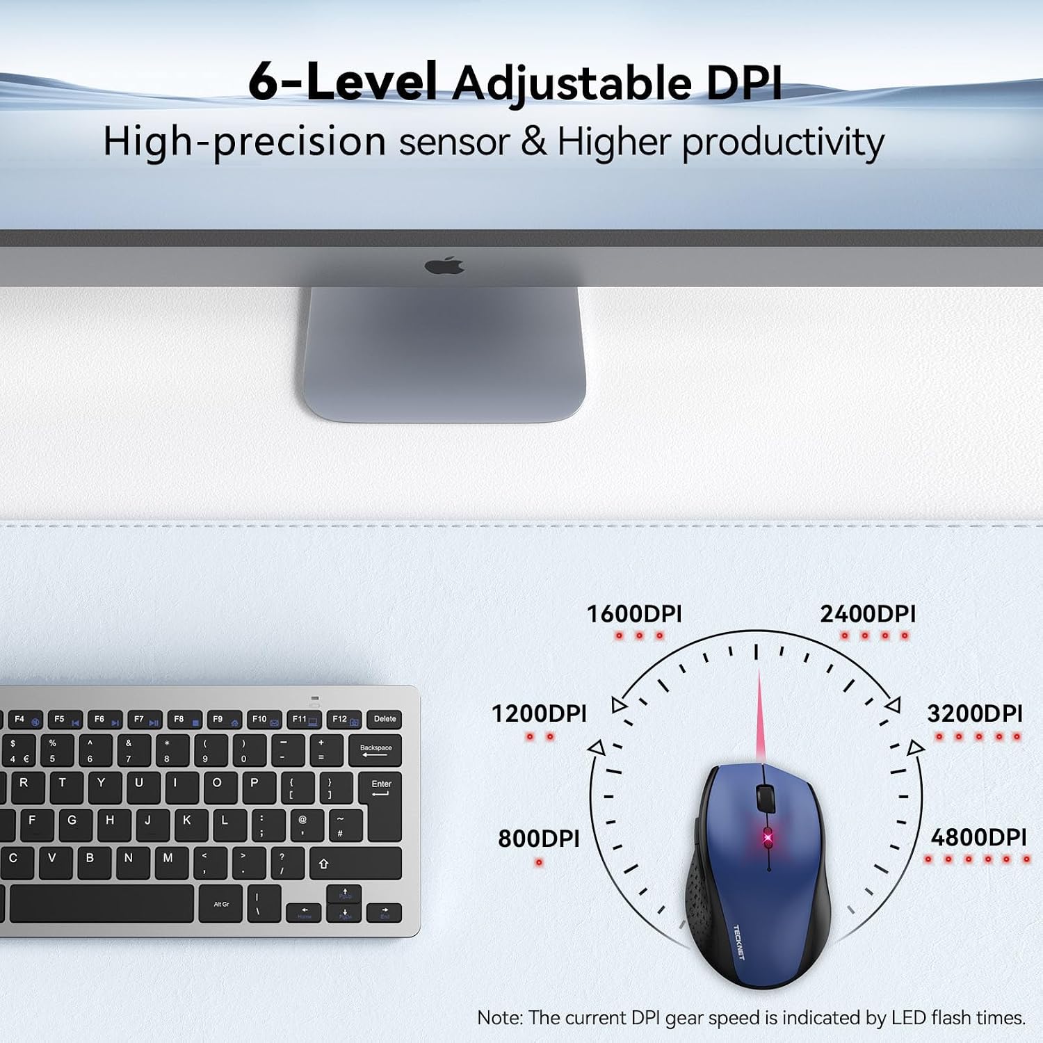 TECKNET BASICS Wireless Mouse, 2.4G USB Computer Mouse with 6-Level Adjustable 4800 DPI, Silent Quiet Click，30 Months Battery, Ergonomic Grips, 6 Buttons Portable for PC, Chromebook, Mac - Blue