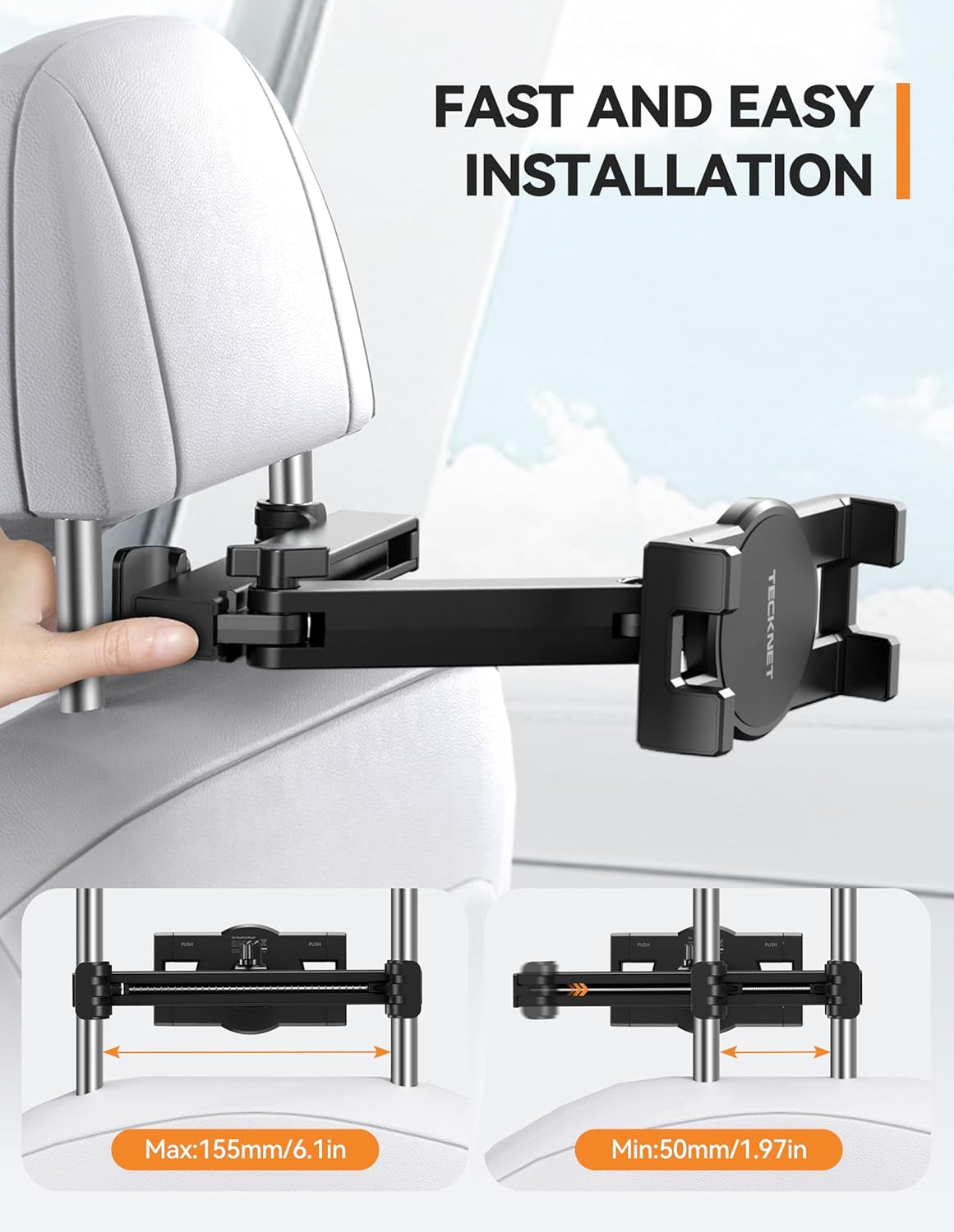 TECKNET Car Headrest Tablet Holder, 3-in-1 Arm with 360° Swivel, Back Seat Mount for 4.7-12.9" iPad/Switch/iPhone, Road Trip Essentials for Kids