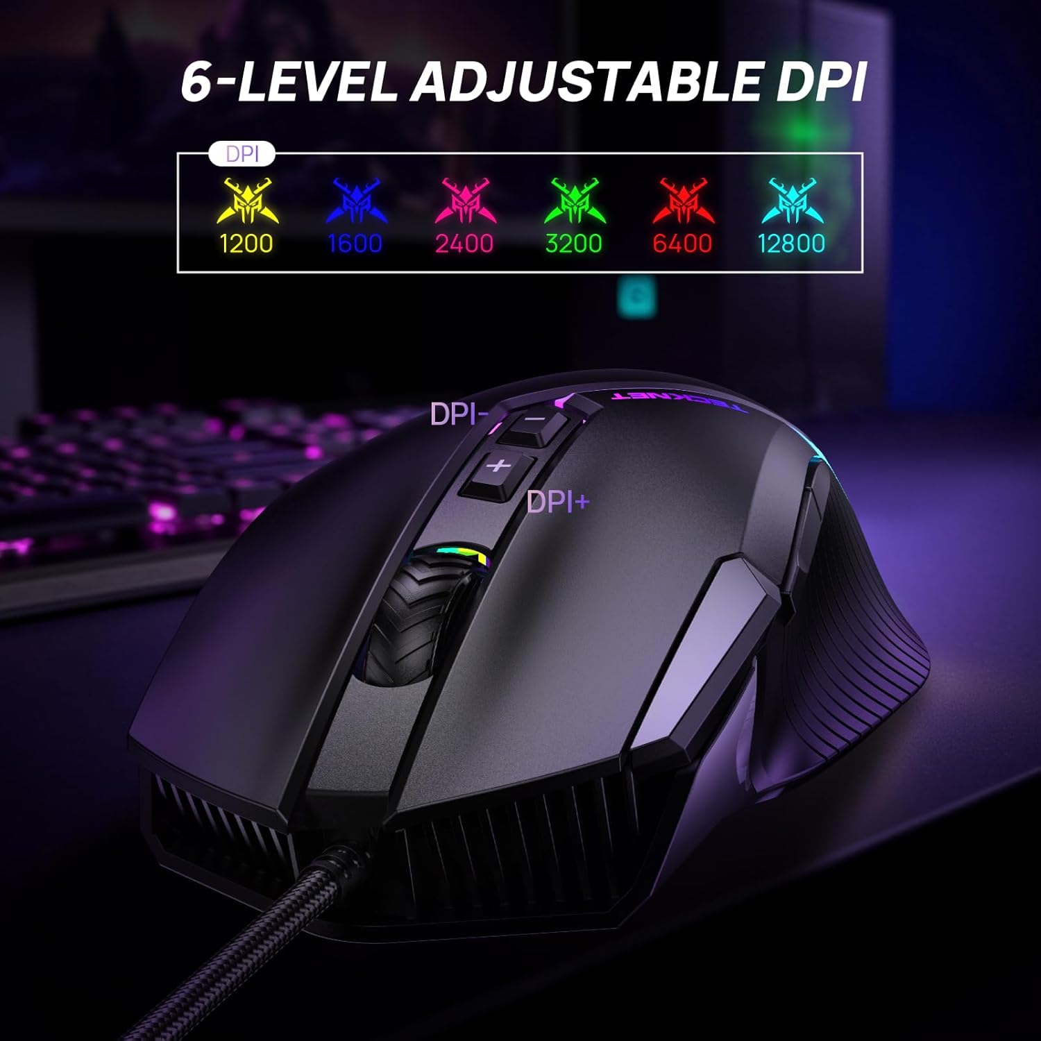 TECKNET Wired Gaming Mouse, 12,800 DPI with Optical Sensor, 8 Programmable Buttons