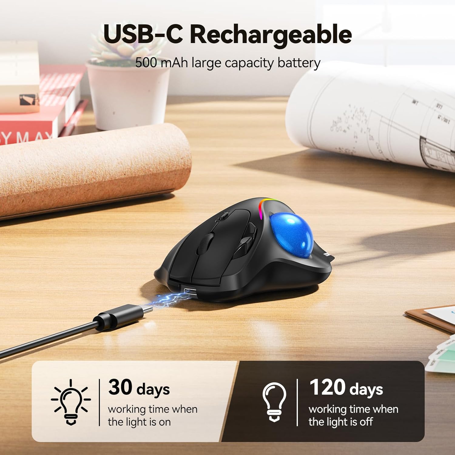 TECKNET Pro Wireless Trackball Mouse, Bluetooth Mouse with Ergonomic Thumb Control