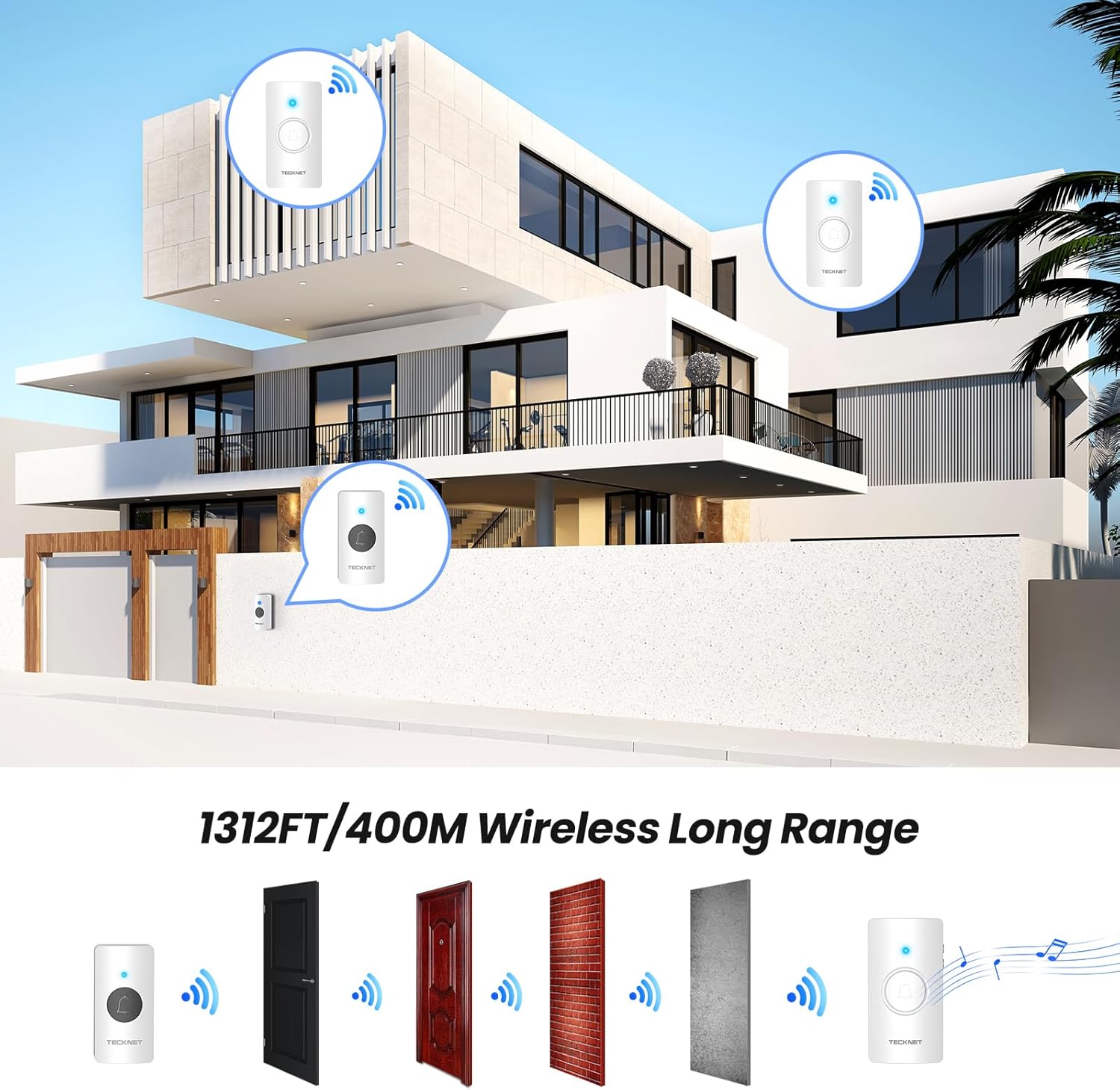 TECKNET Wireless Doorbell 1312FT, IP67 Waterproof Classroom Doorbell Battery-Powered Door Bell, 60 Chimes 5-Level Volume, 4.5-year Battery Life, Electric Doorbells No Plug-in Required for Home