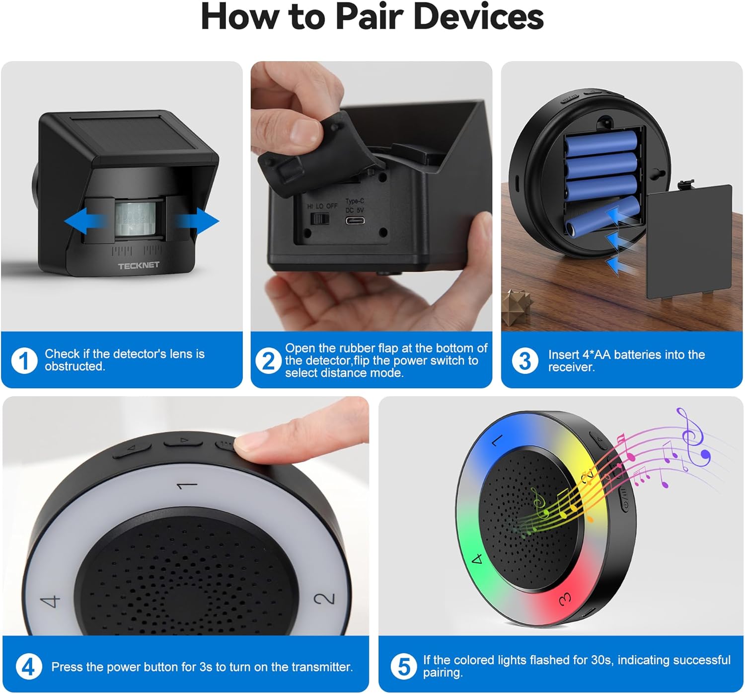 TECKNET Solar Wireless Driveway Alarm with 2600FT Long Range & 36 Melodies & 5 Volumes and Supports 4 Zones Weatherproof Motion Sensor Alarm to Protect Inside/Outside Property (1 Receiver 1 Sensor)