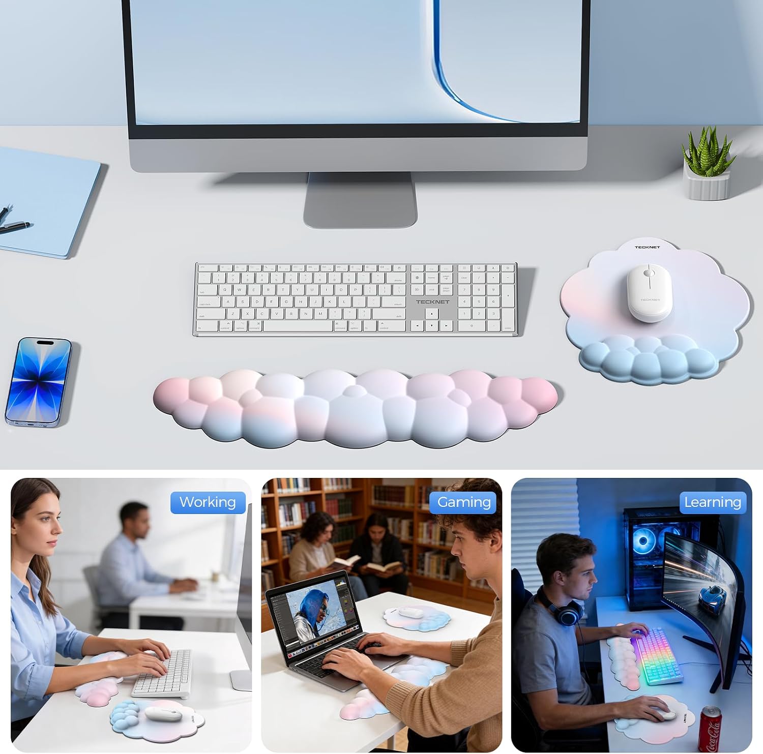 TECKNET BASICS Cloud Ergonomic Mouse Pad with Wrist Rest, Memory Foam Support & Non-Slip Base for Pain Relief, Office & Gaming, Rainbow