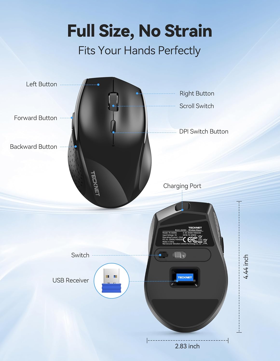TECKNET Wireless Mouse Rechargeable, 6 Button 6400 DPI