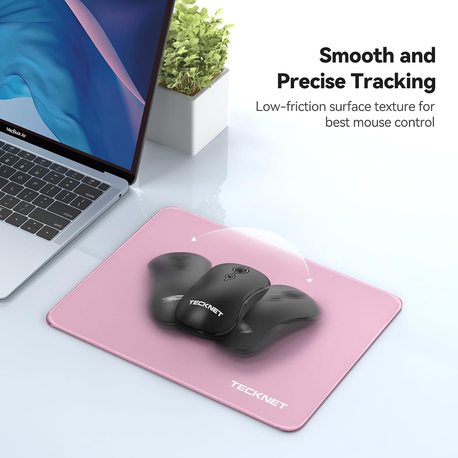TECKNET BASICS Mouse Pad with Anti-fray Stitching, Waterproof Non-Slip Base, Stitched Edges Gaming Mouse Mat for Laptop, Compatible with Laser/Optical Mice- Pink