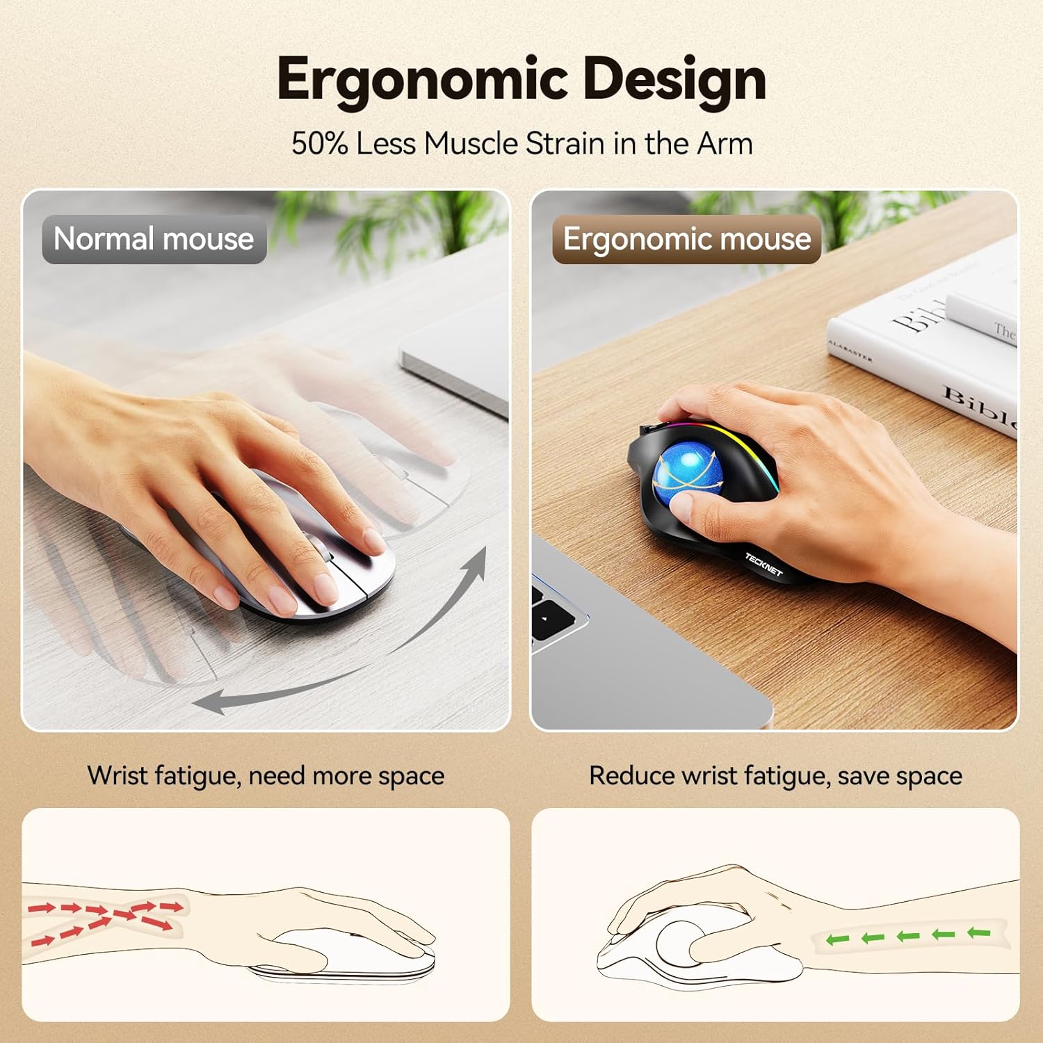 TECKNET Pro Wireless Trackball Mouse, Bluetooth Mouse with Ergonomic Thumb Control