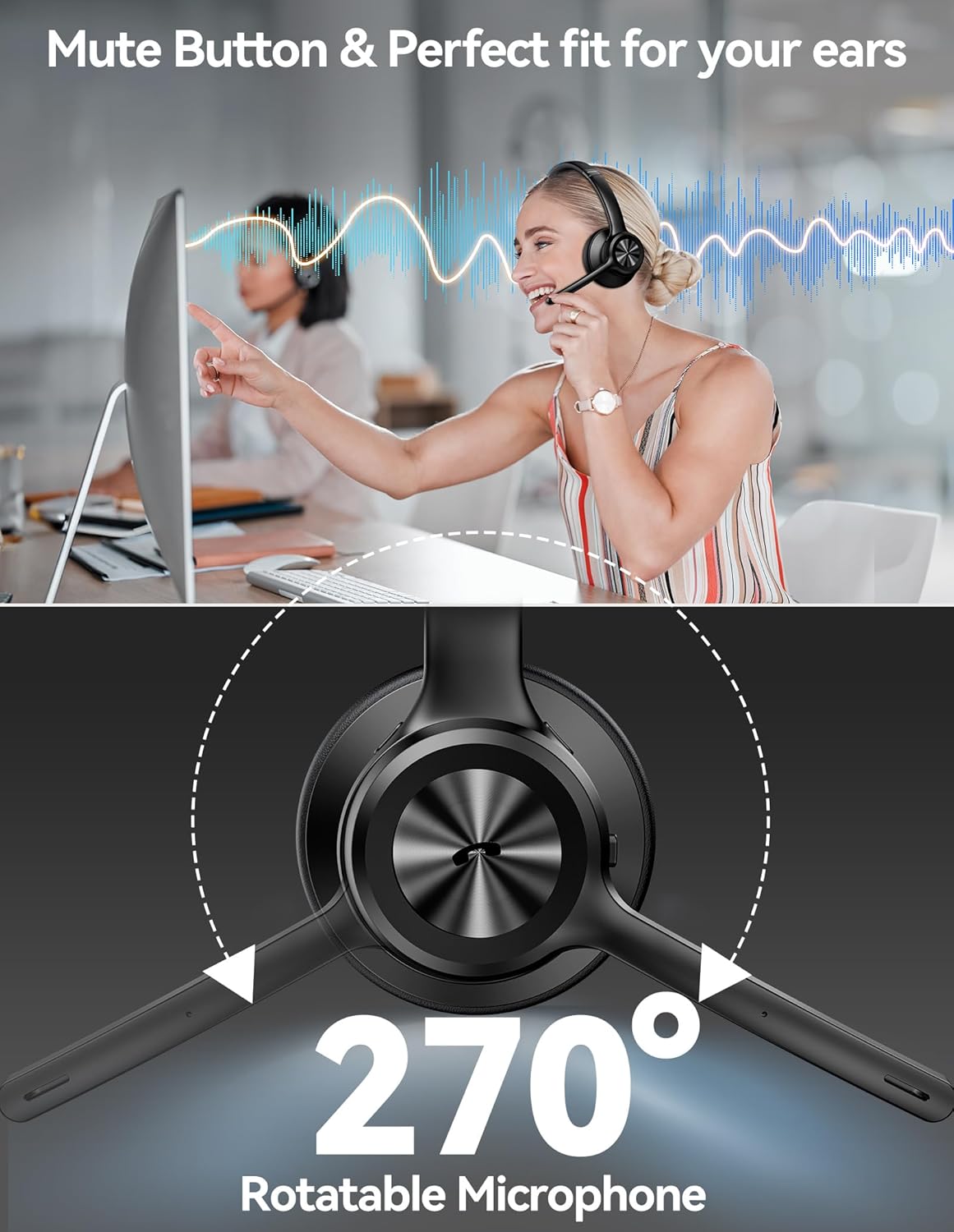 TECKNET Bluetooth Headset, USB Wireless Headset with Microphone Noise Canceling, 50H Playtime & Mute, Wireless Headphones with Mic BT 5.2 On-Ear Headphones for Trucker Cellphone Office Call Center