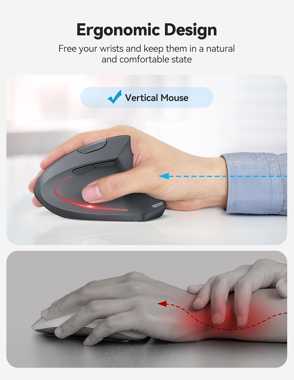 TECKNET Ergonomic Mouse with Jiggler, Bluetooth Wireless Vertical Mouse, 4800DPI Rechargeable Carpal Tunnel Mouse, Undetectable Random Movement Keeps Computers Awake for PC, Laptop, Mackbook