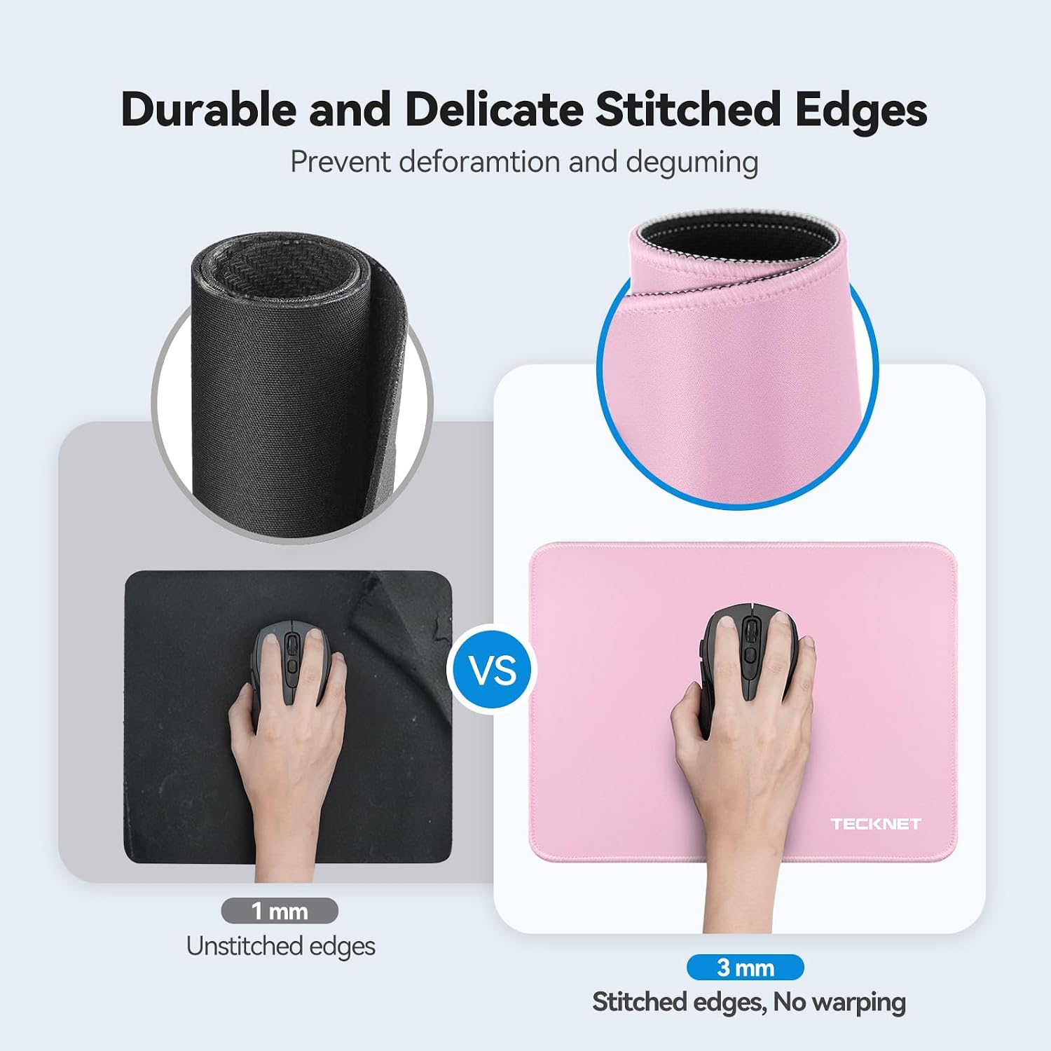 TECKNET BASICS Mouse Pad with Anti-fray Stitching, Waterproof Non-Slip Base, Stitched Edges Gaming Mouse Mat for Laptop, Compatible with Laser/Optical Mice- Pink