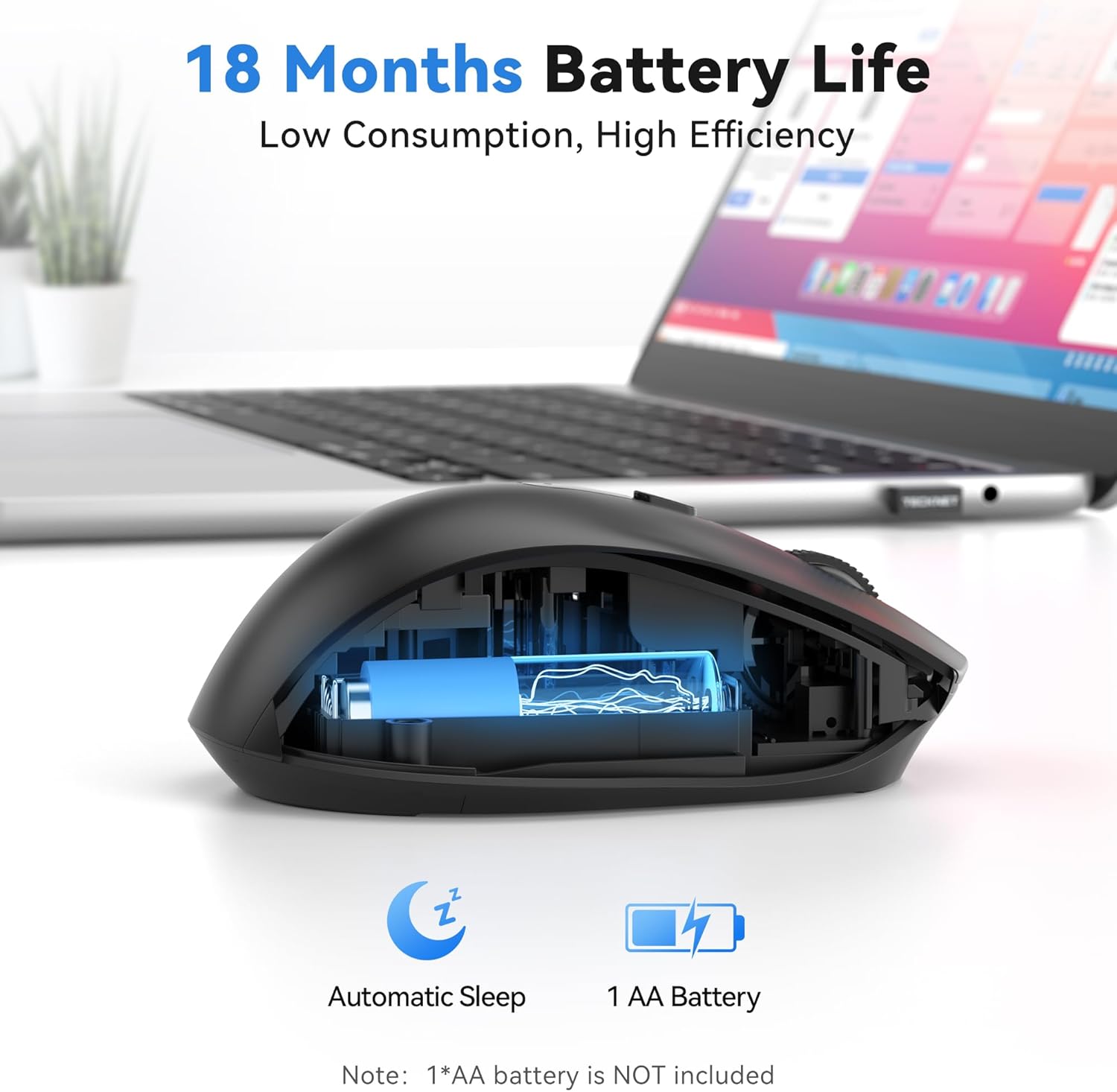 TECKNET Wireless Mouse,2.4GHz with USB Receiver,Computer Mouse for Laptop,PC,Computer,Chromebook,Notebook,2600 DPI,5 Adjustment Levels