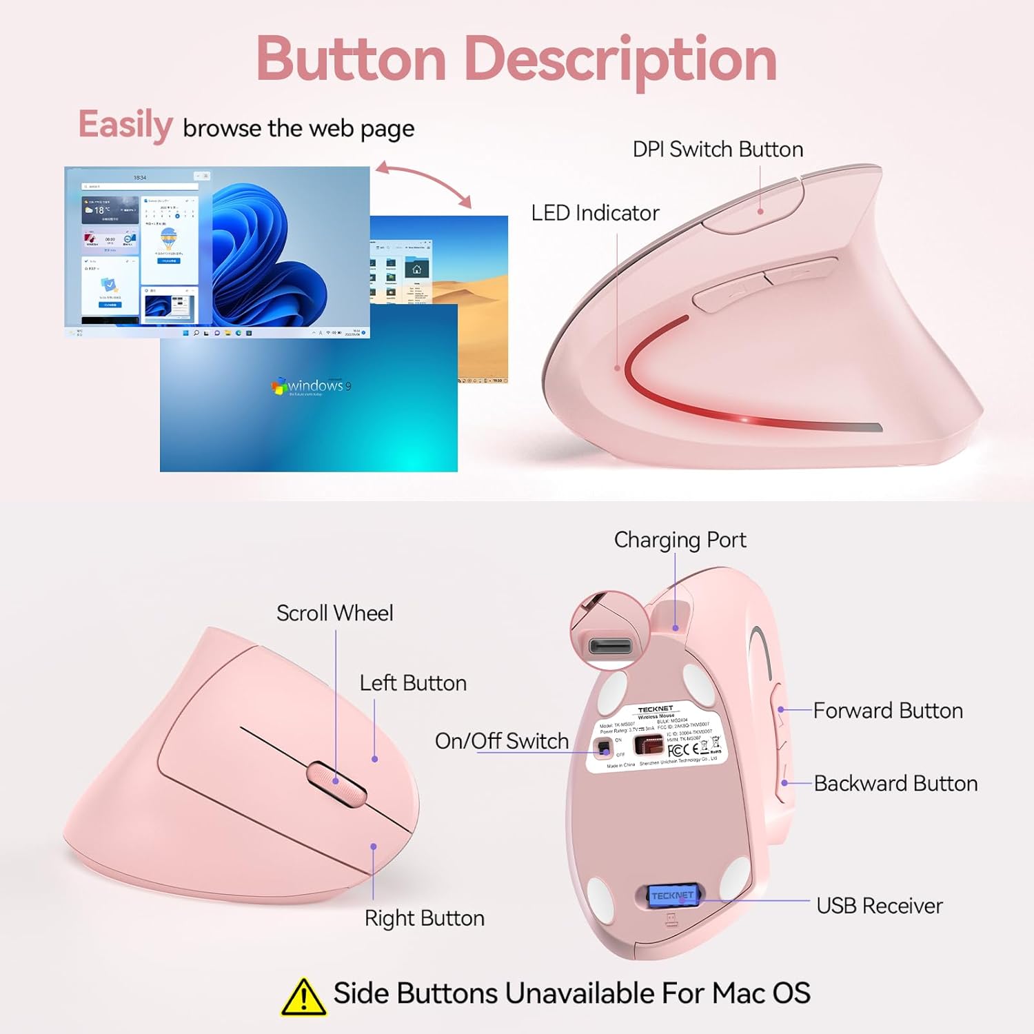 TECKNET Ergonomic Mouse Wireless, Rechargeable Mouse Silent for Carpal Tunnel Right Hand, 2.4GHz USB Vertical Mouse Wireless for Laptop, 5 Adjustable 4800 DPI, Computer, MacBook, Desktop