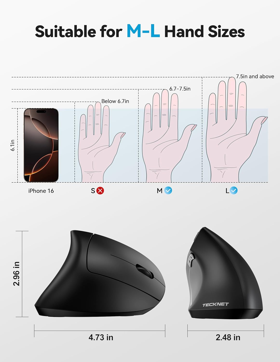 TECKNET Ergonomic Mouse, Rechargeable 2.4G+Bluetooth Vertical Mice 6 DPI Adjustable, Wireless Optical Carpal Tunnel Mouse Right Hand, Multi Device for Laptop, PC, Computer, MacBook, iPad - Black