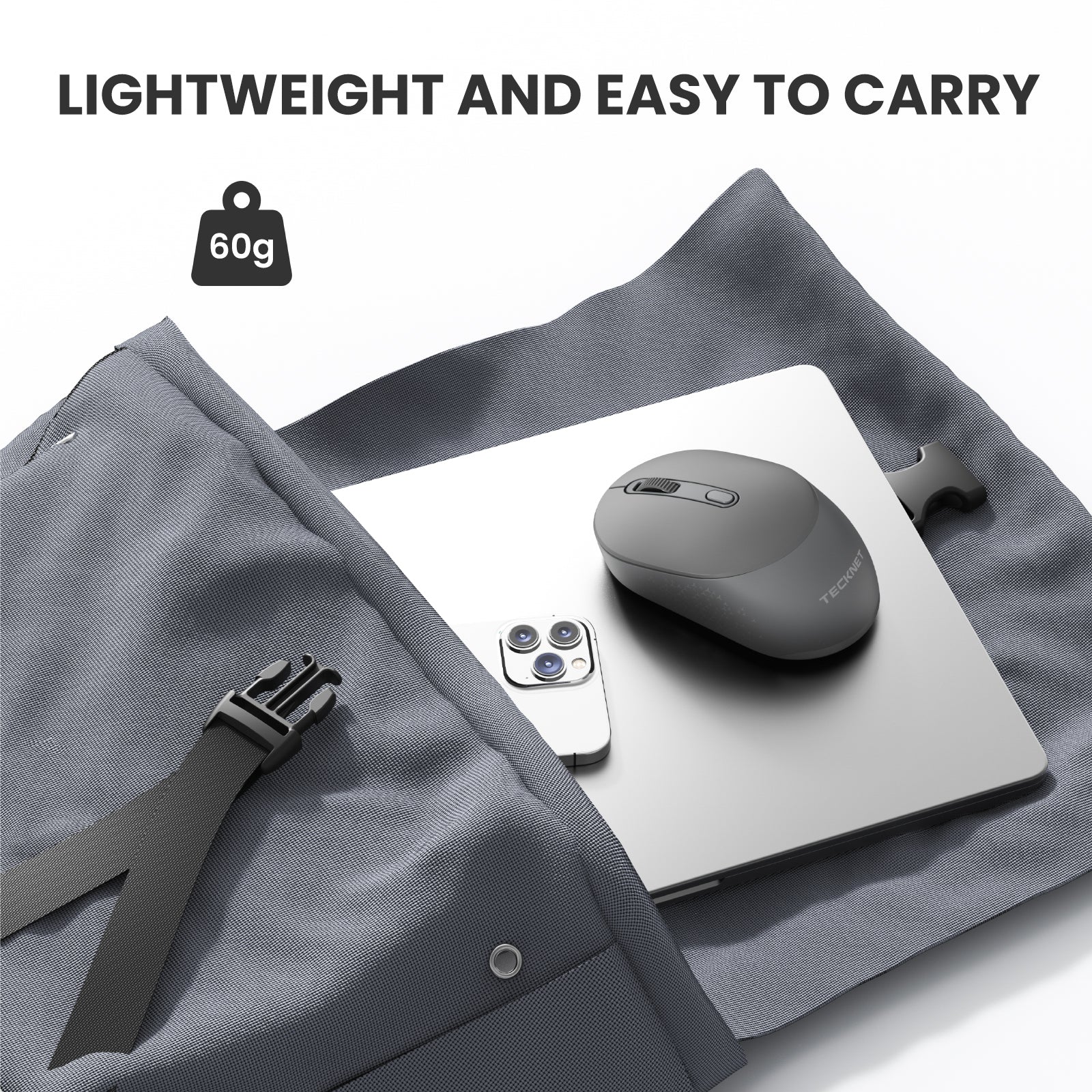 TECKNET Bluetooth Wireless Mouse, Bluetooth 5.0 & 2.4G USB Receiver, Compact & Portable, Silent Click, Ergonomic Symmetrical Design, 18-Month Battery, Adjustable DPI, Wide Compatibility - Grey