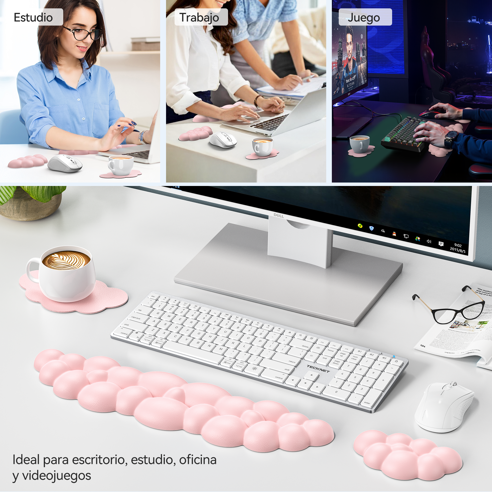 TECKNET BASICS Cloud Keyboard Wrist Rest Set, Non-Slip PU Leather Wrist Pad with Ergonomic Memory Foam, for Laptop/Office/Gaming & Pain Relief, Light Pink