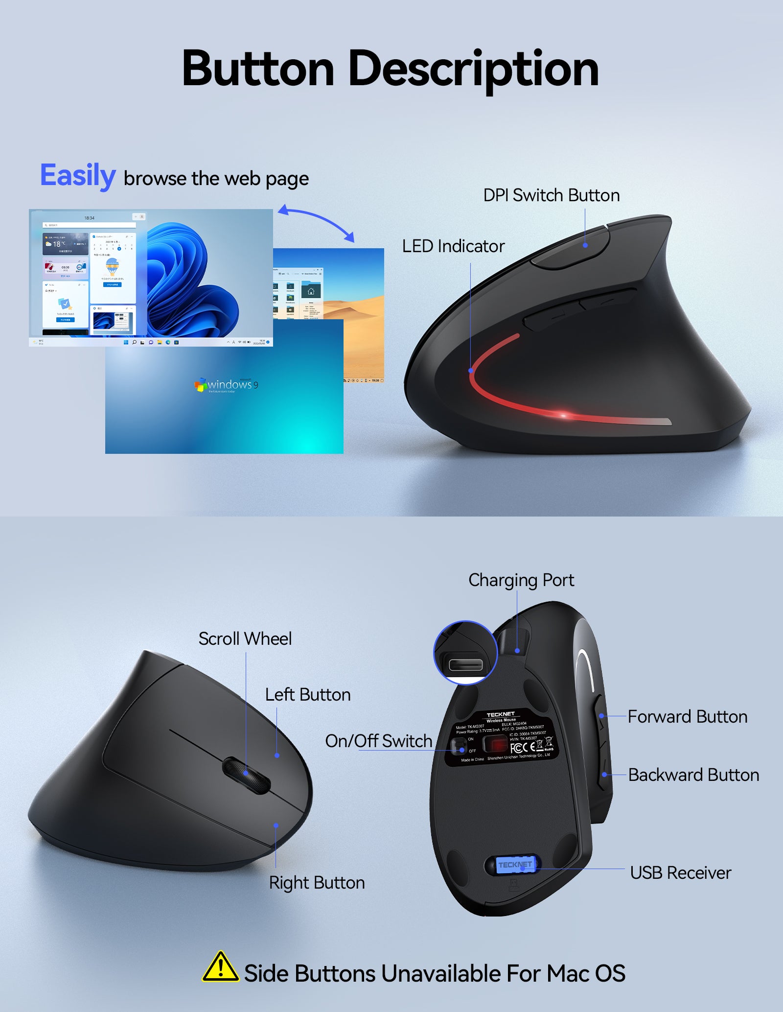 TECKNET Ergonomic Mouse, Wireless Vertical Mouse, 5 Adjustable DPI Levels