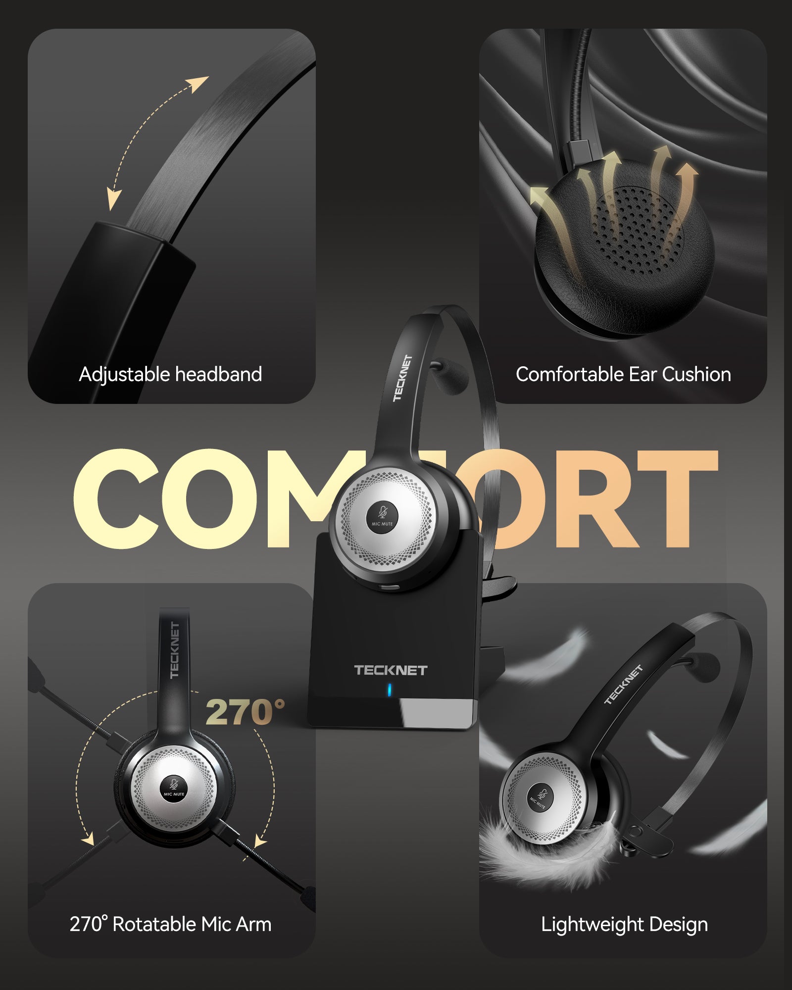 TECKNET Wireless Headset for Work, 40Hrs Worktime AI Noise Cancelling Computer Headphones with Charging Base, Bluetooth Headset with Mic & USB Dongle for PC/Laptop/Call Center