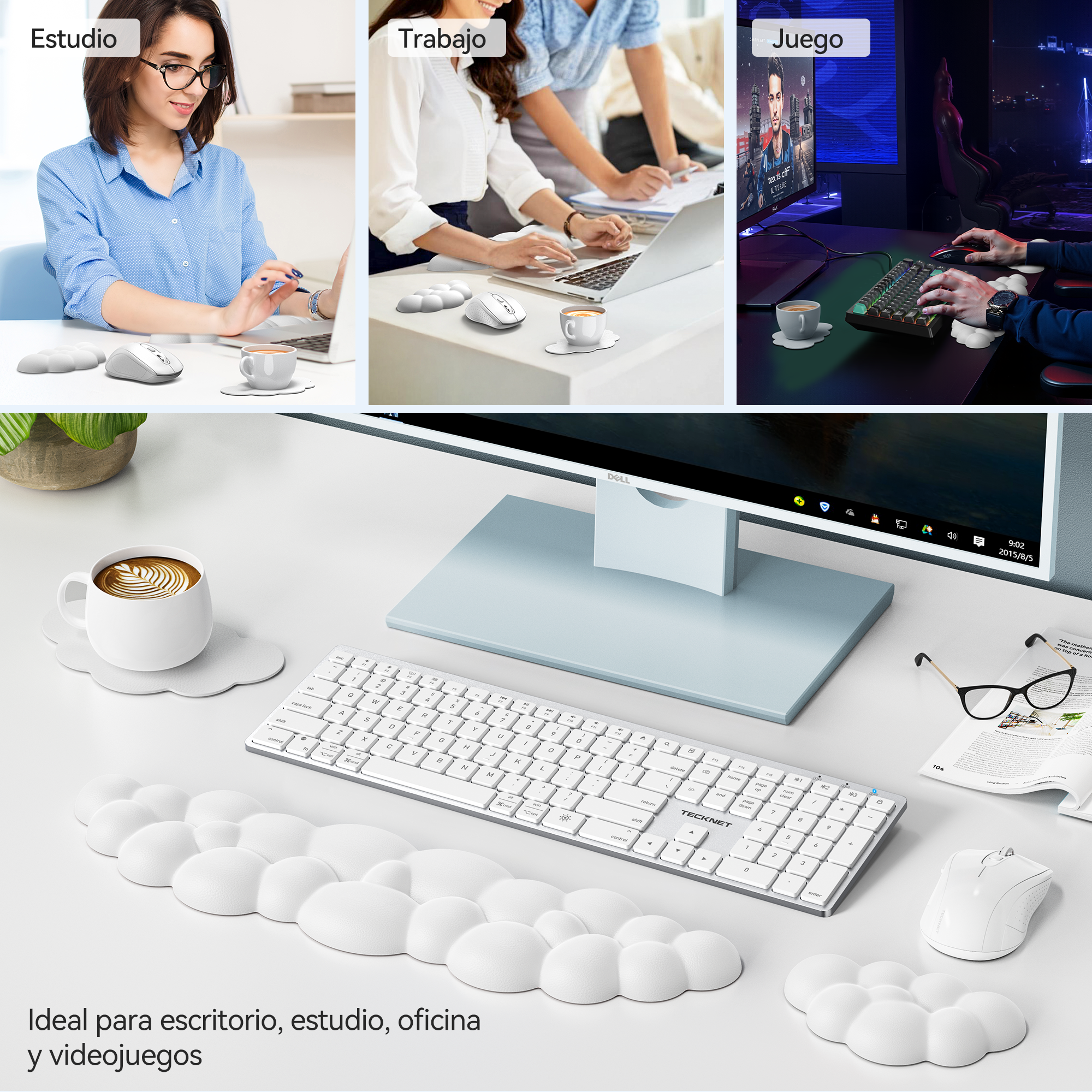 TECKNET BASICS Cloud Keyboard Wrist Rest Set, Non-Slip PU Leather Wrist Pad with Ergonomic Memory Foam, for Laptop/Office/Gaming & Pain Relief, White