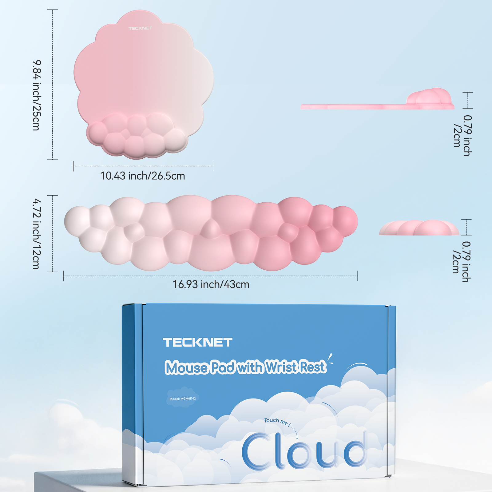 TECKNET BASICS Cloud Ergonomic Mouse Pad with Wrist Rest, Memory Foam Support & Non-Slip Base for Pain Relief, Office & Gaming, Pink