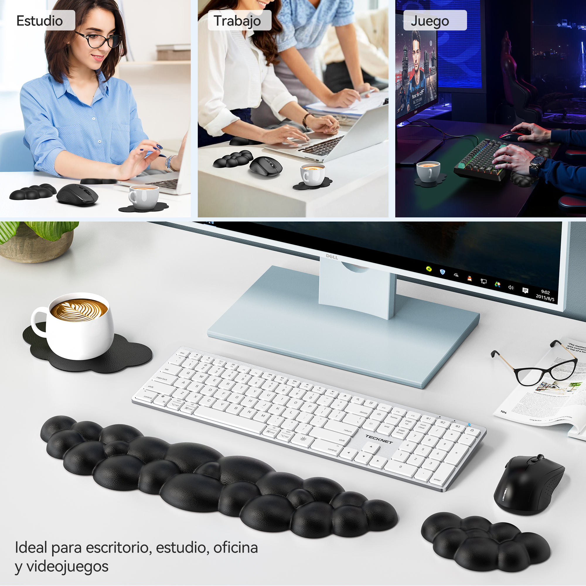 TECKNET BASICS Cloud Keyboard Wrist Rest Set, Non-Slip PU Leather Wrist Pad with Ergonomic Memory Foam, for Laptop/Office/Gaming & Pain Relief, Black