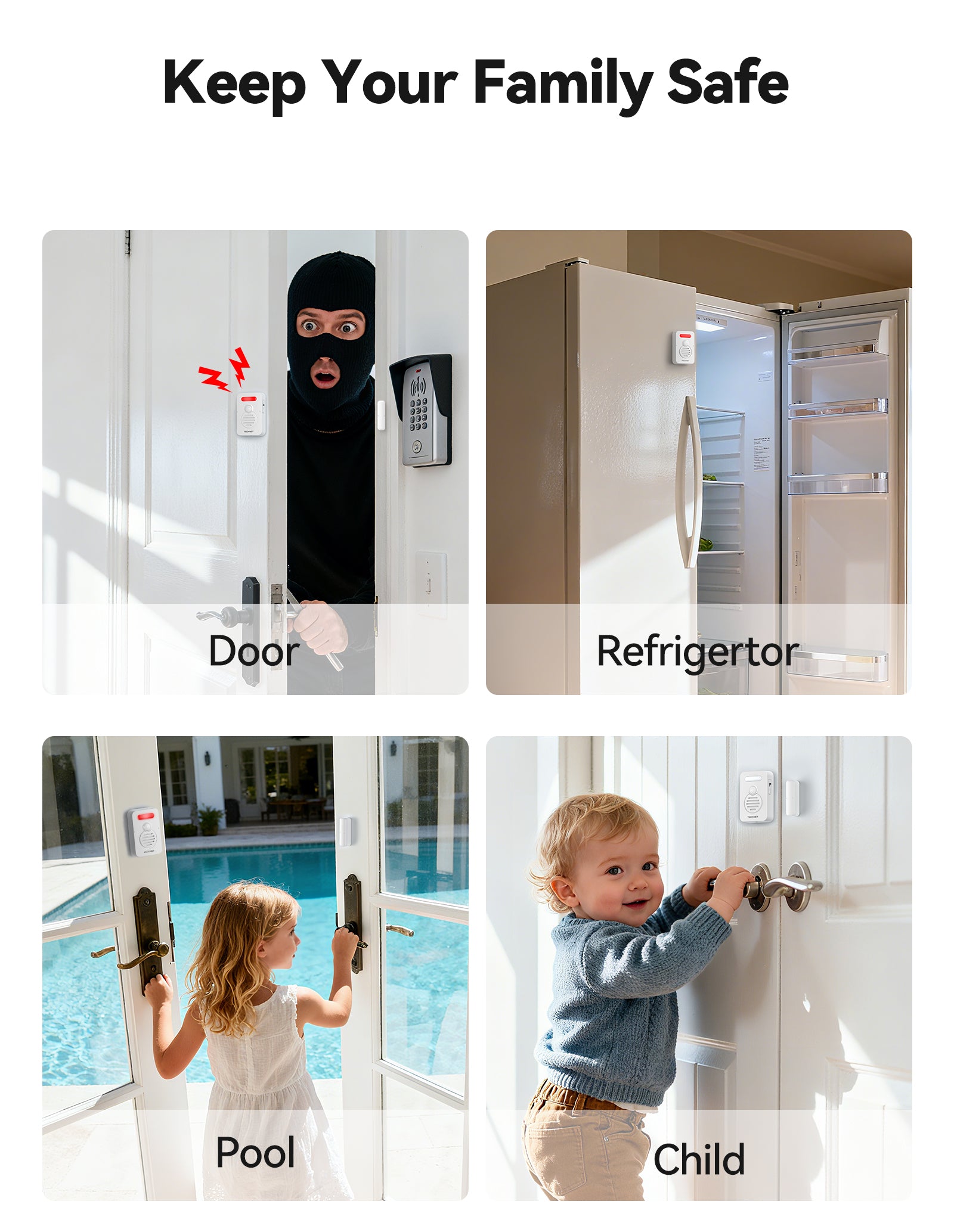 TECKNET Door Alarms for Kids Safety, Door Alarms When Opened, Window Alarm with Smart Voice Alert, 4-Level Adjustable Volume, Refrigerator Sensor Pool Alarm for Home Security、Fridge、Garage and Window