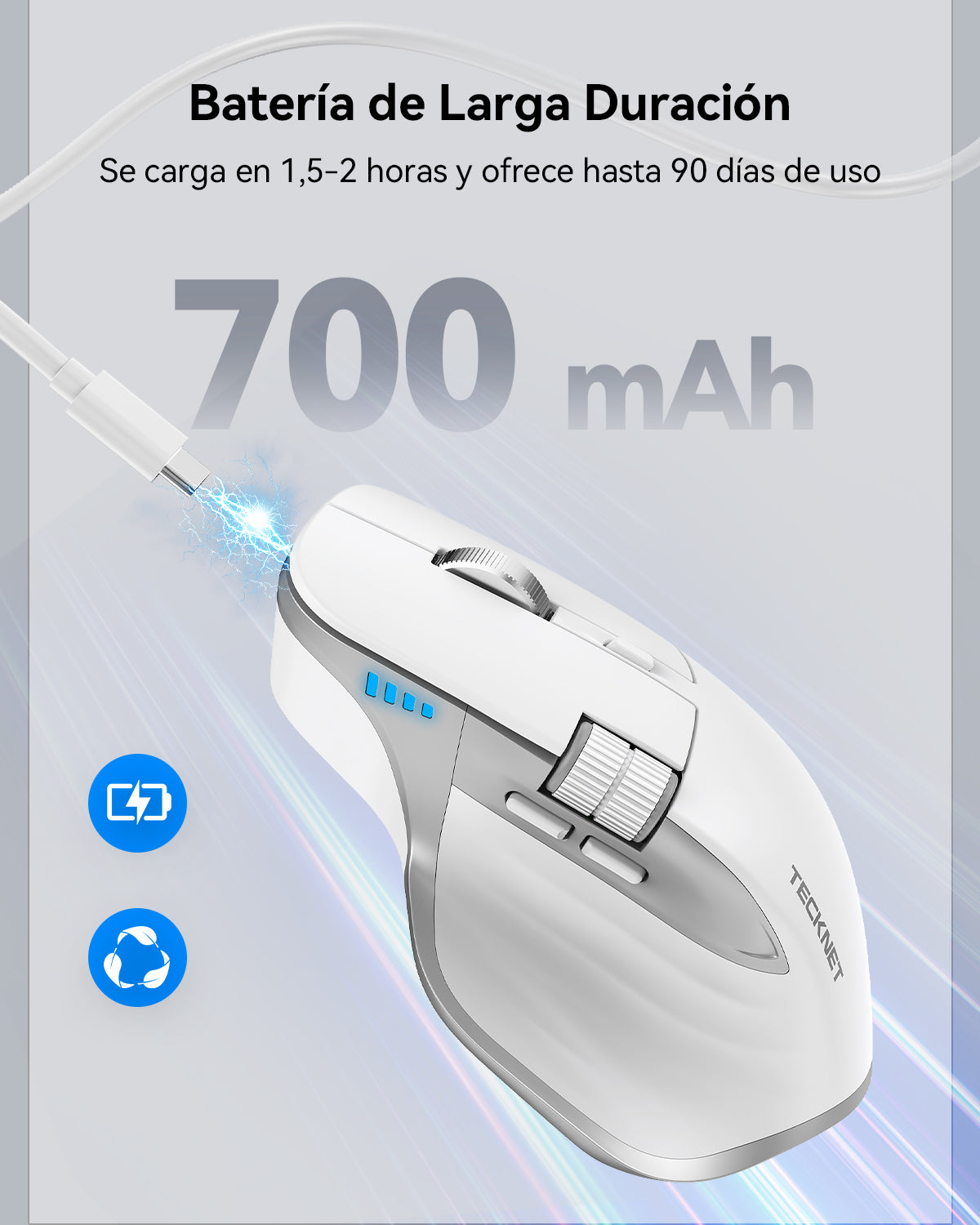 TEIMA Wireless Mouse, Bluetooth Mouse (BT5.3/5.0 & 2.4G) Rechargeable Ergonomic Optical Mouse with 6 Adjustable DPI, Side Scroll, Quiet Clicks, USB A Receiver, 7 Buttons, Wide Compatibility - White