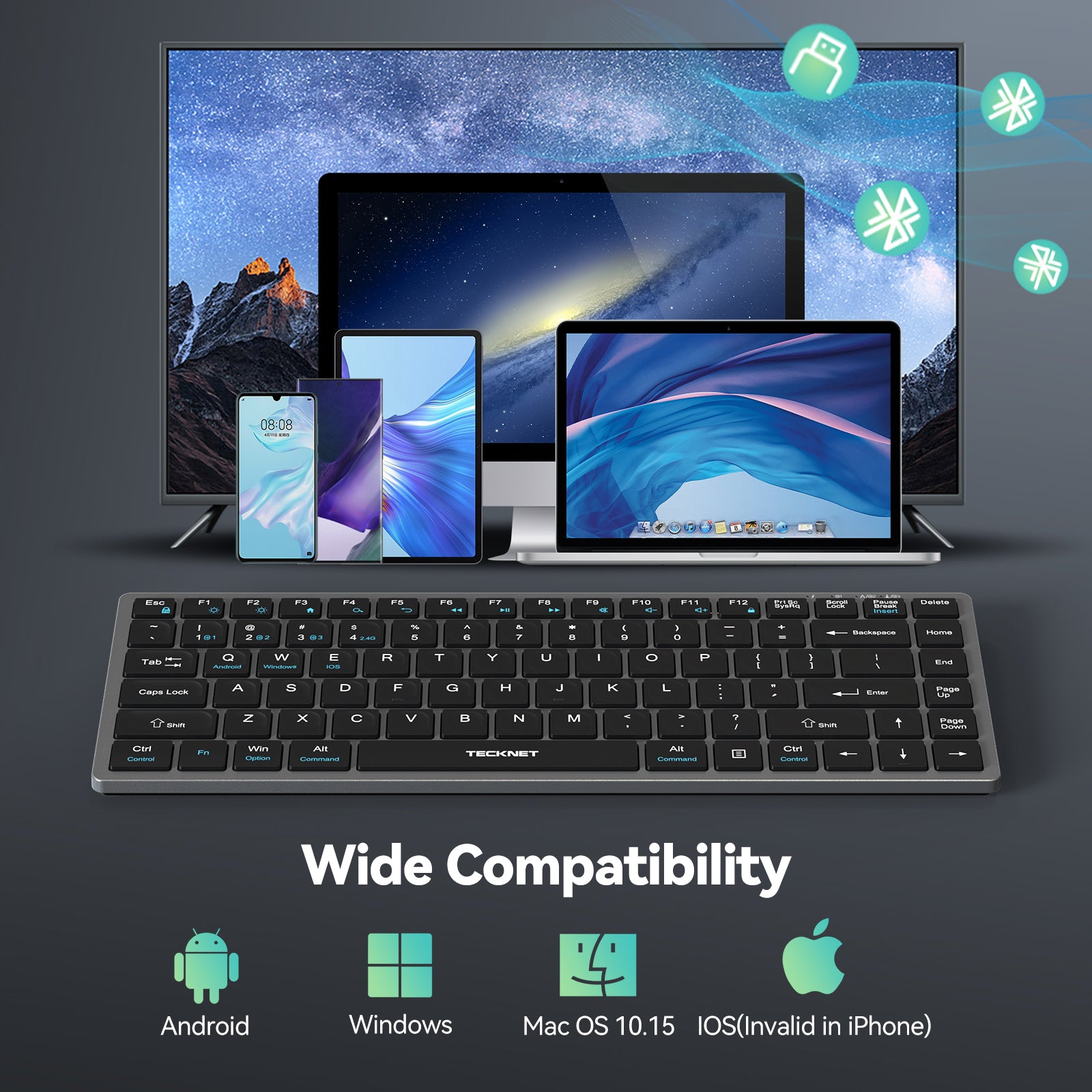 TECKNET Bluetooth Keyboard Rechargeable, 4-Device (2.4G+3BT) Wireless Keyboard, Ultra-Slim Quiet Typing, 14 Hotkeys Computer Keyboard for PC/Laptop/Smart TV/Tablet/Compatible with Apple iPad