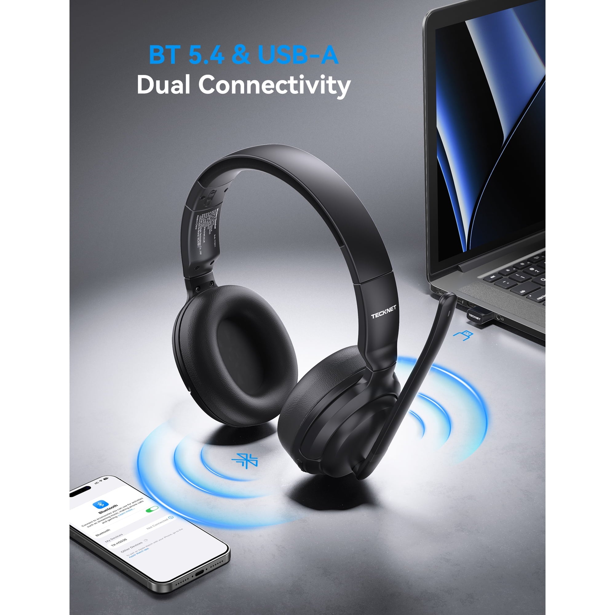 TECKNET Wireless Noise Cancelling Headphones, 5.4 Bluetooth Headphones Over Ear, Mono/Stereo 2-in-1, 65H Playtime, Wireless Headset with Microphone for Home Trucker Office Call Center, Black