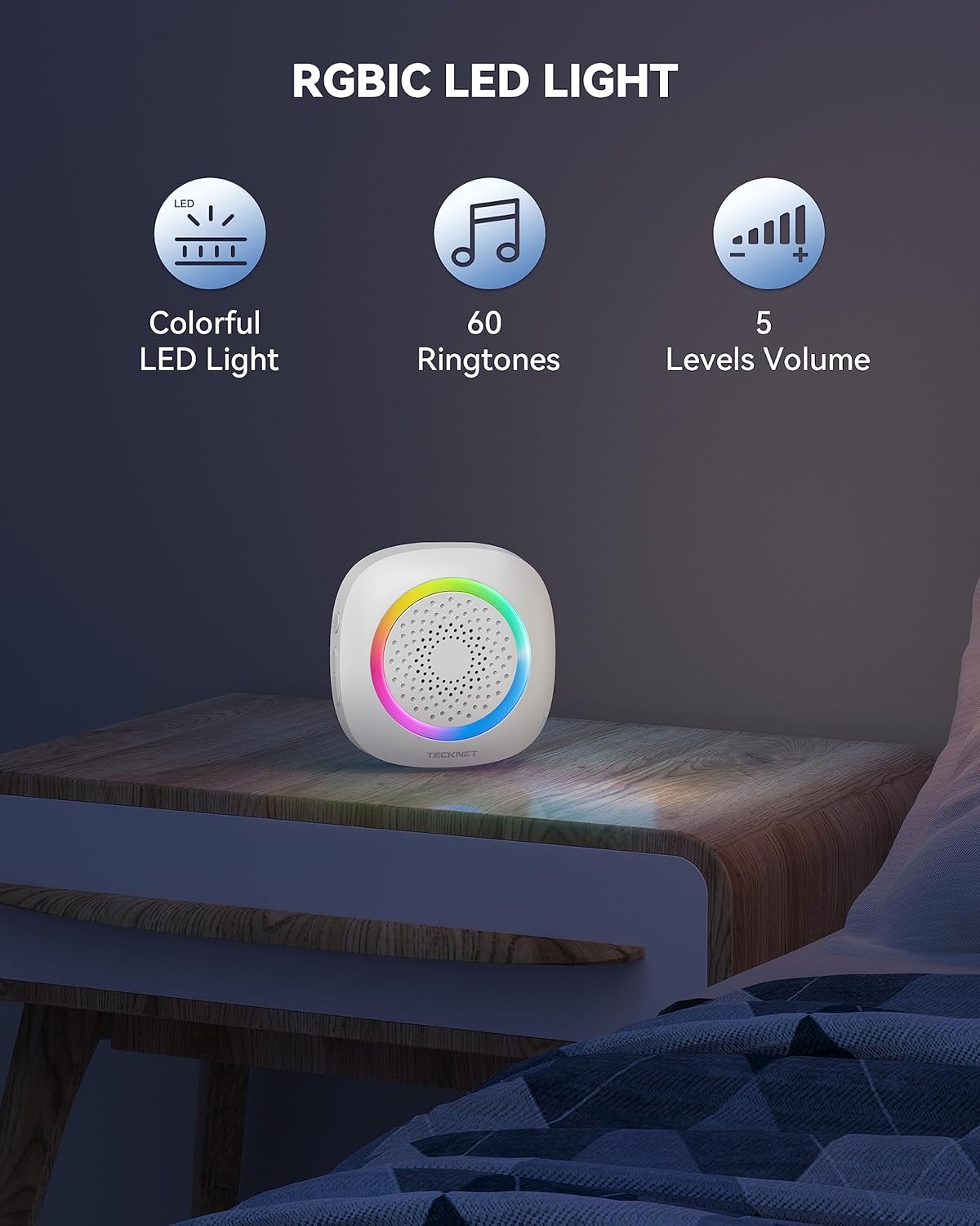 TECKNET Longest 1300 Feet Wireless Doorbell with RGB Alarm Lighting,Battery-Powered IP66 Waterproof Design,60+Chimes & 5-Level Volume for Home/Apartment,4.5-Year Battery Life,White,FCC ID:YI6RL-33TX